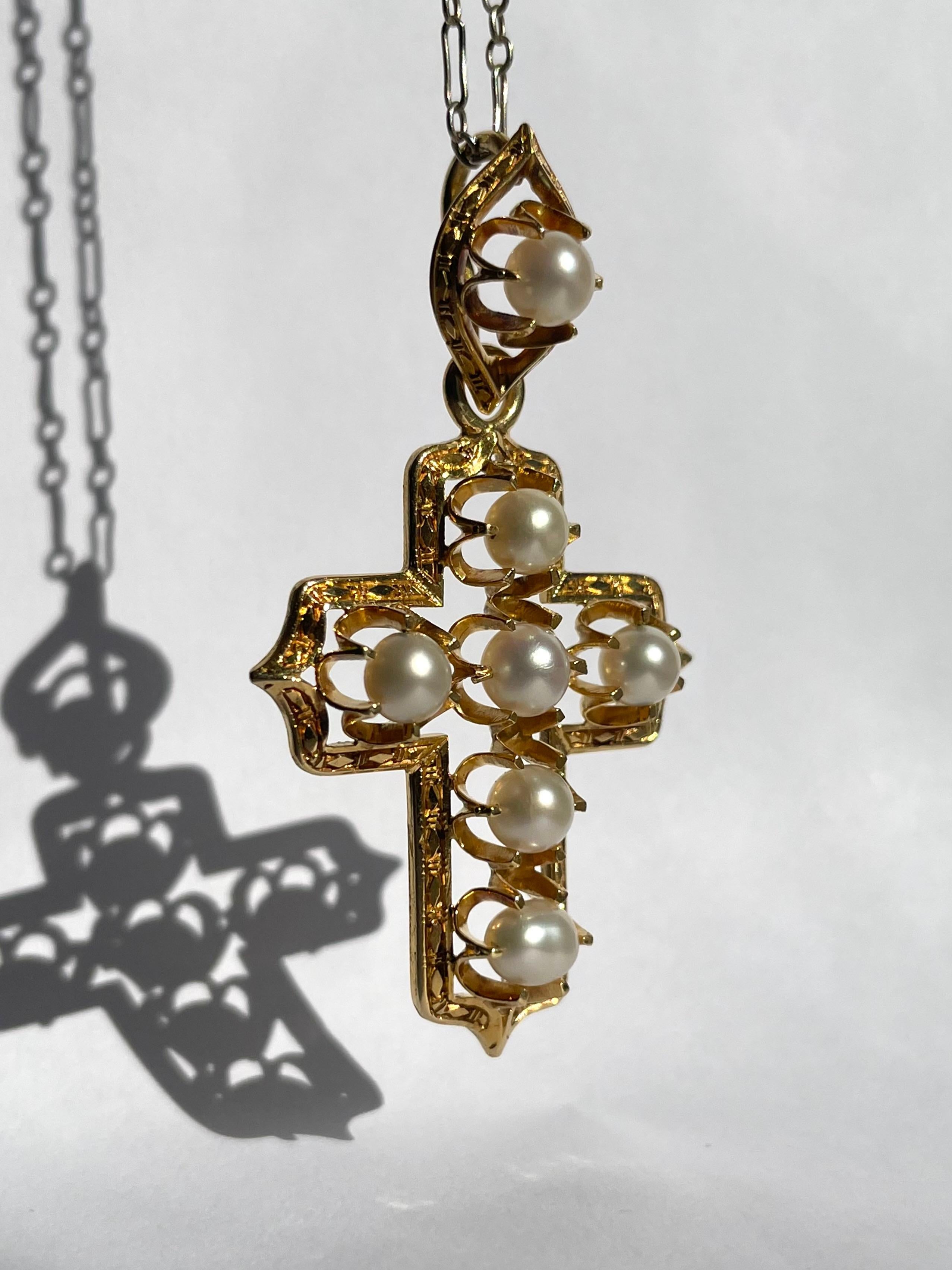 Bead Victorian Hand Engraved Pearl Set Cross in 18K Yellow Gold For Sale