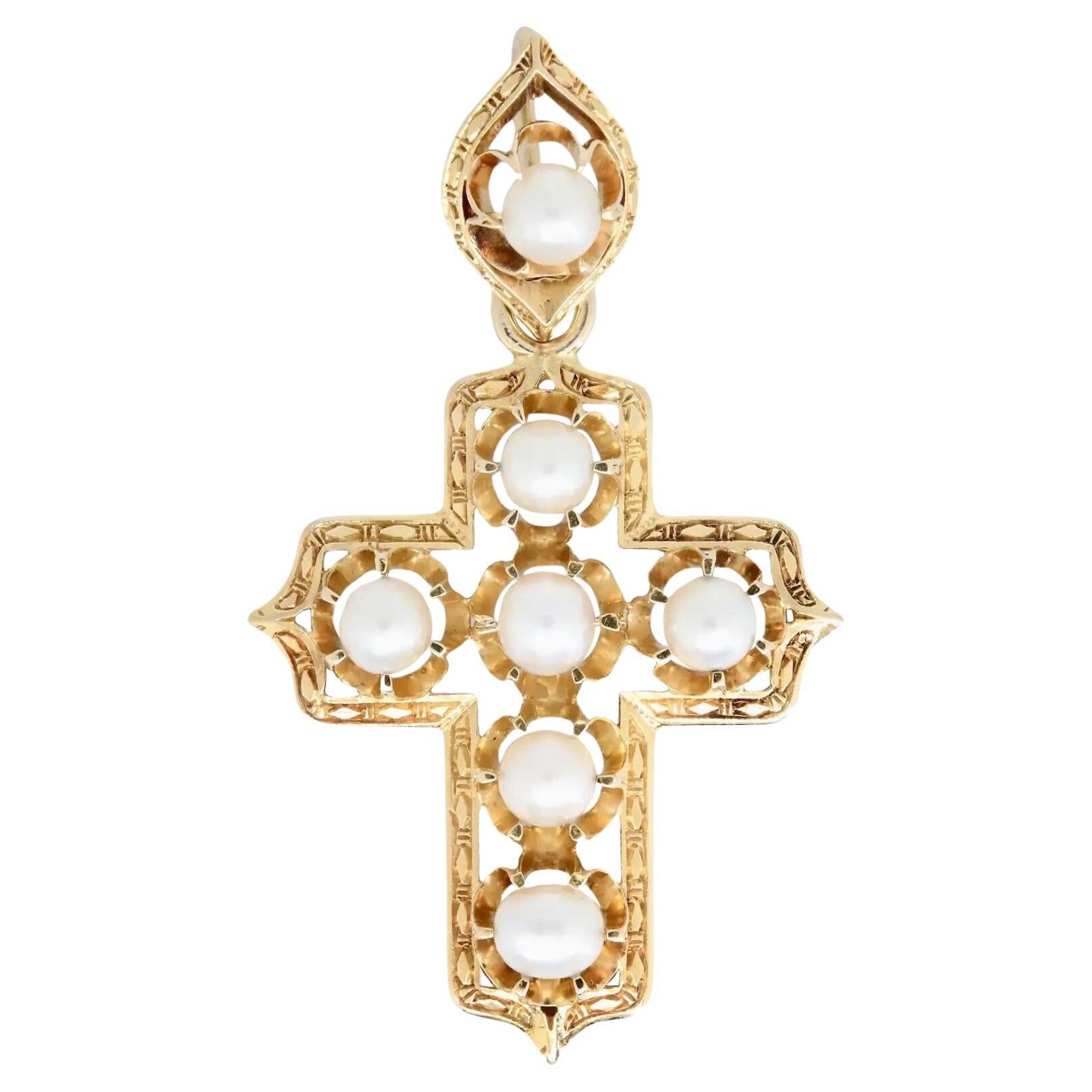 Victorian Hand Engraved Pearl Set Cross in 18K Yellow Gold For Sale