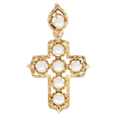 Antique Victorian Hand Engraved Pearl Set Cross in 18K Yellow Gold