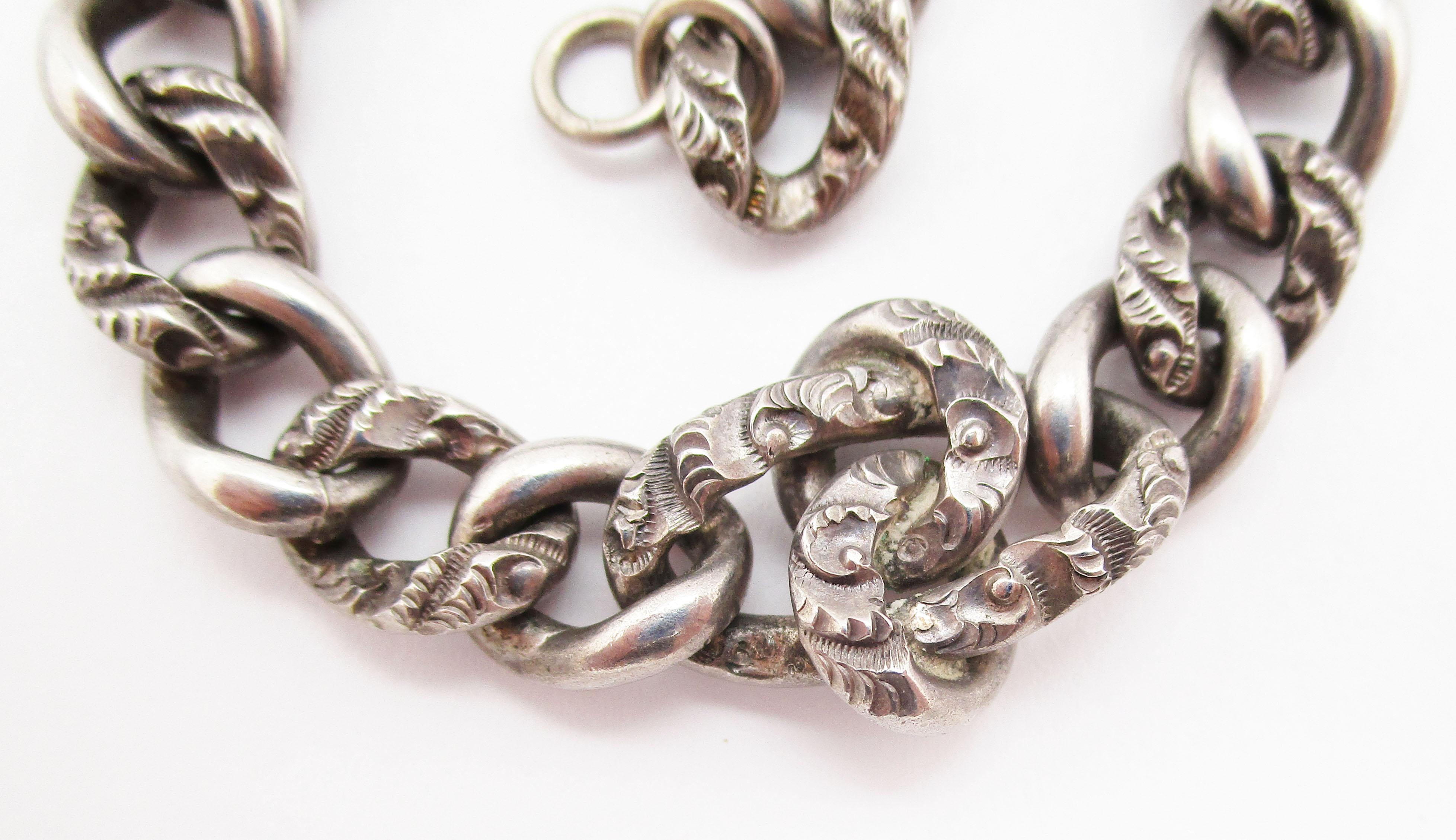 Victorian Hand Engraved Sterling Silver Chain Bracelet In Excellent Condition In Lexington, KY