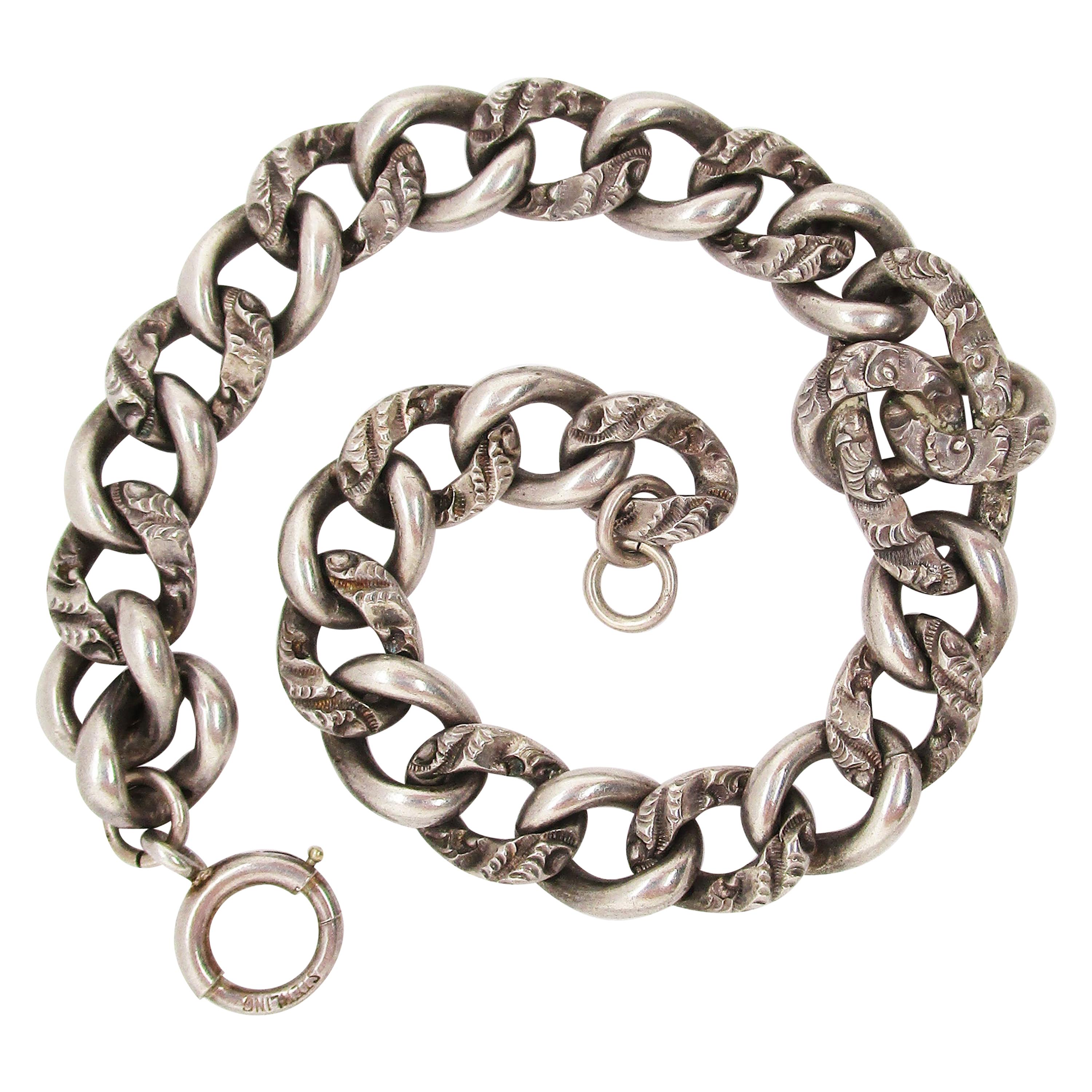 Victorian Hand Engraved Sterling Silver Chain Bracelet