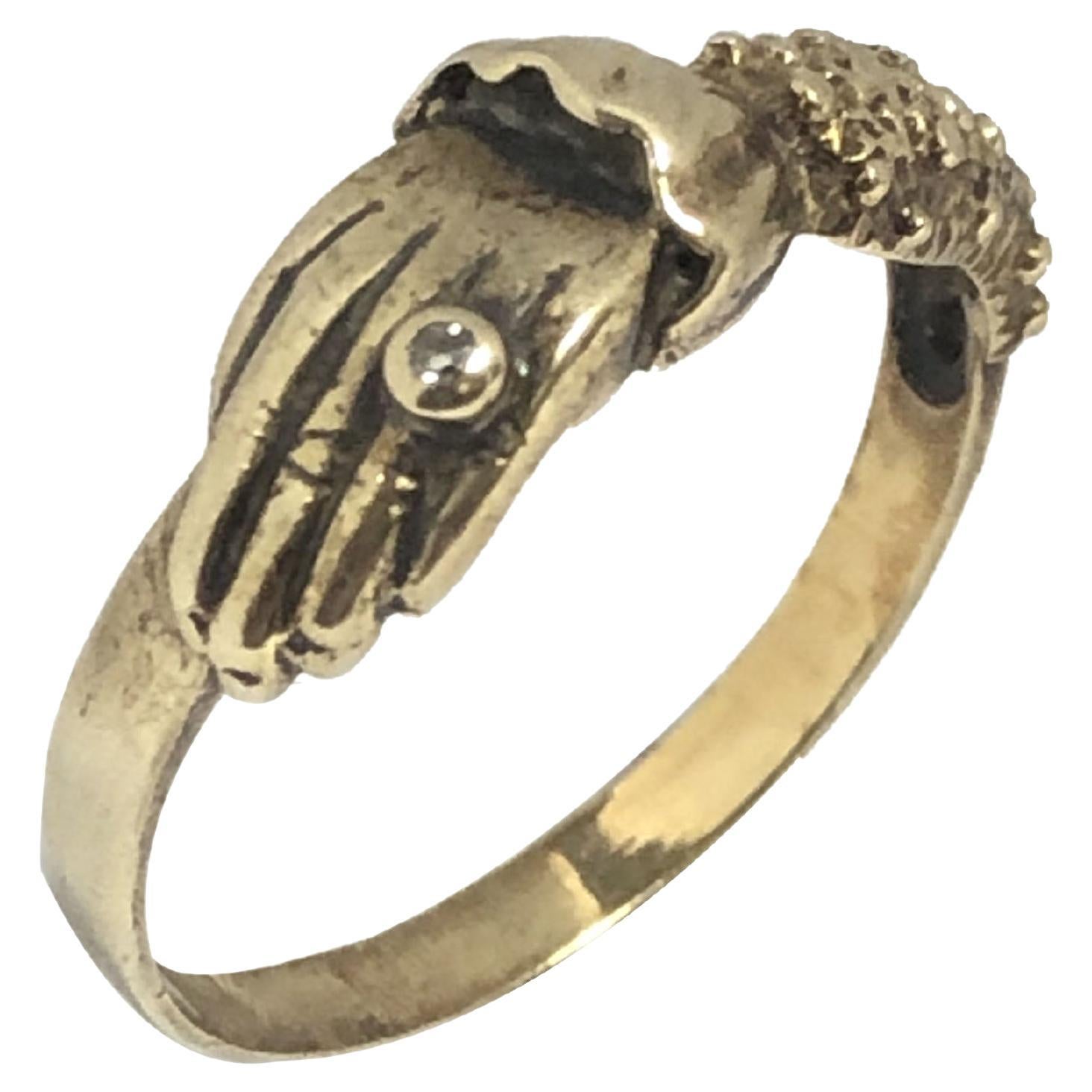 Victorian Hand over Heart 9K Yellow Gold and Diamond Ring For Sale
