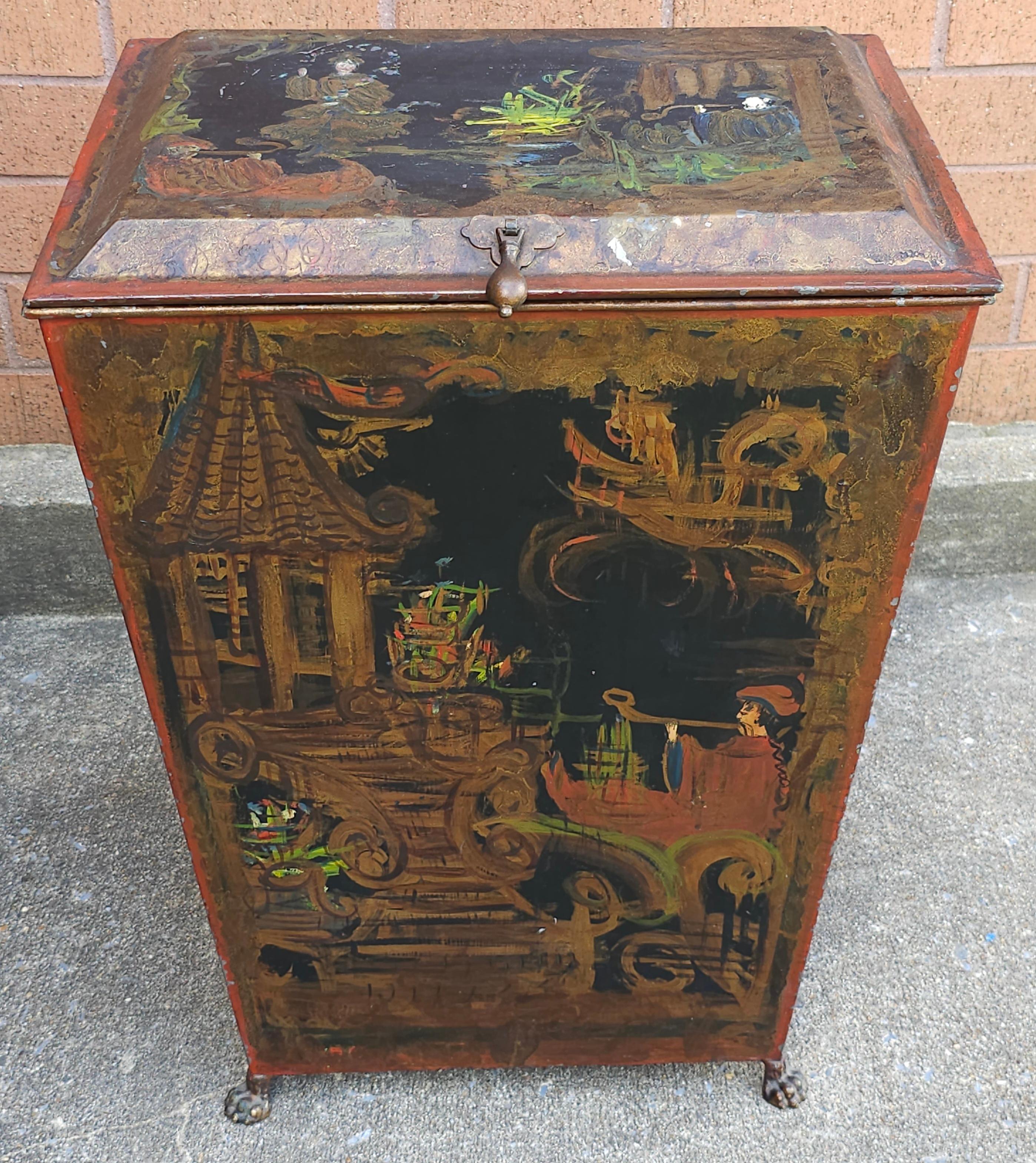 A Victorian Hand Painted Black Japanned Tole Fuel Bucket, circa late 19th Century.
Measures 17.25