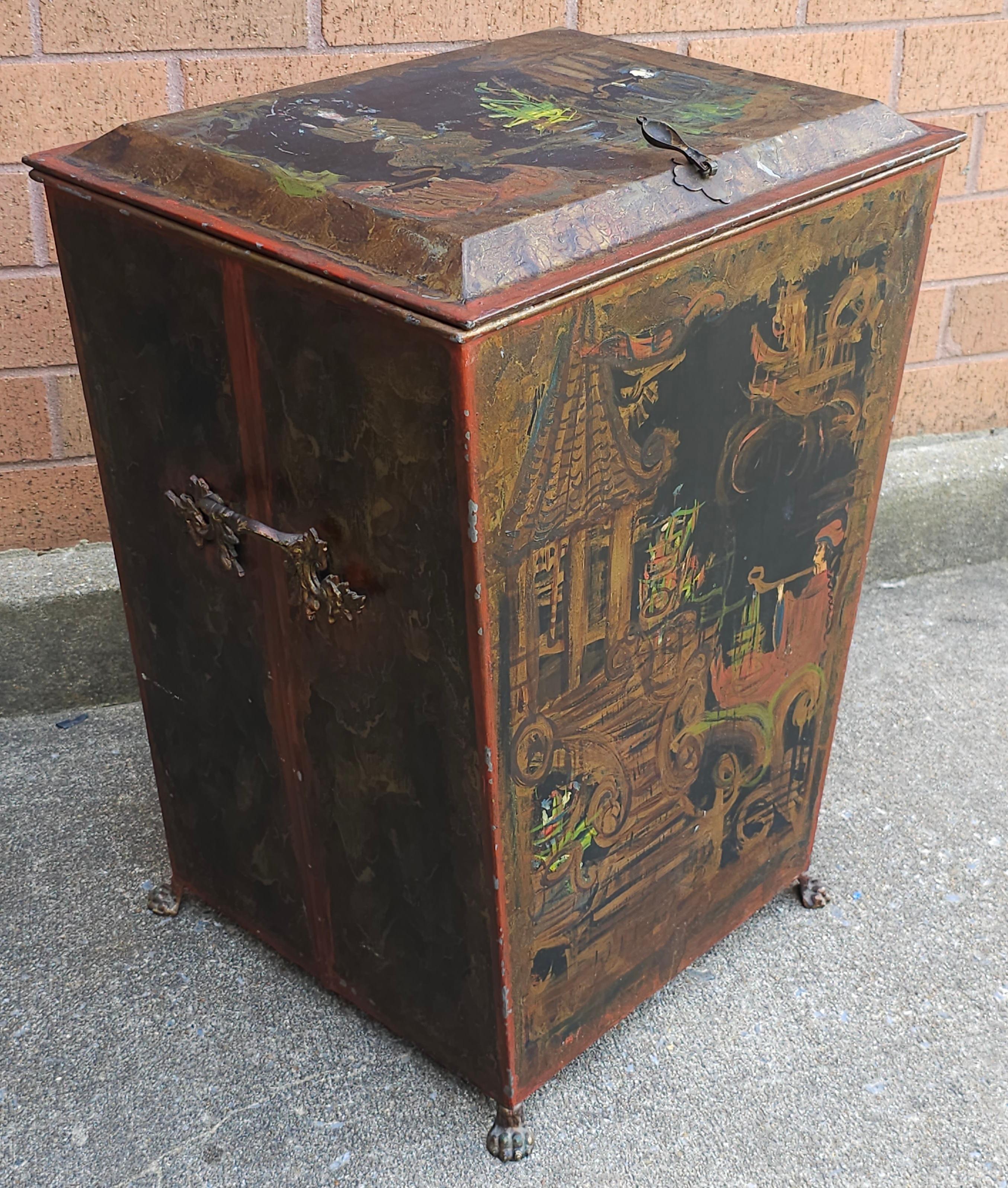 Hand-Crafted Victorian Hand Painted Black Japanned Tole Fuel Bucket, Late 19th Century For Sale