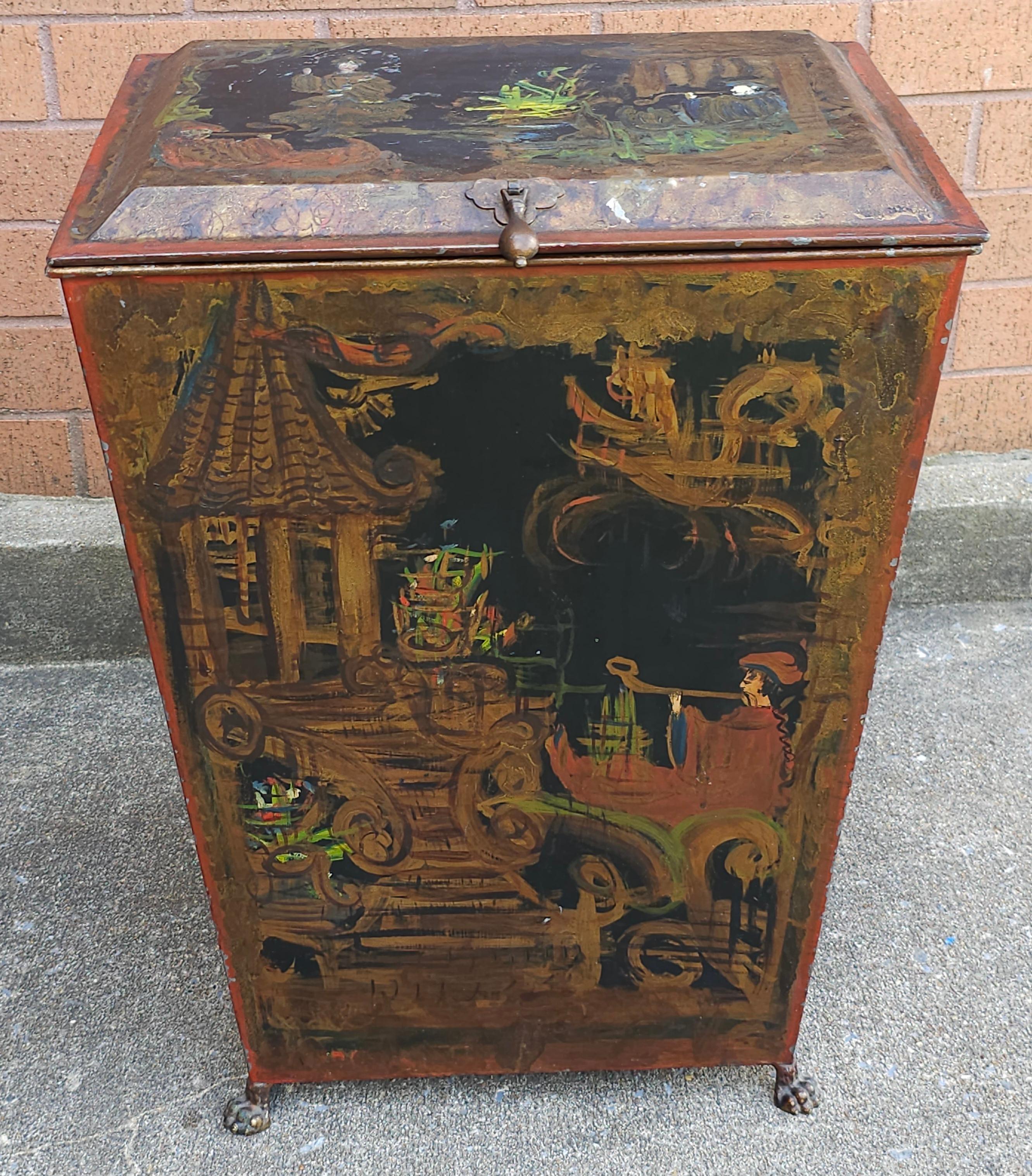 Victorian Hand Painted Black Japanned Tole Fuel Bucket, Late 19th Century In Good Condition For Sale In Germantown, MD
