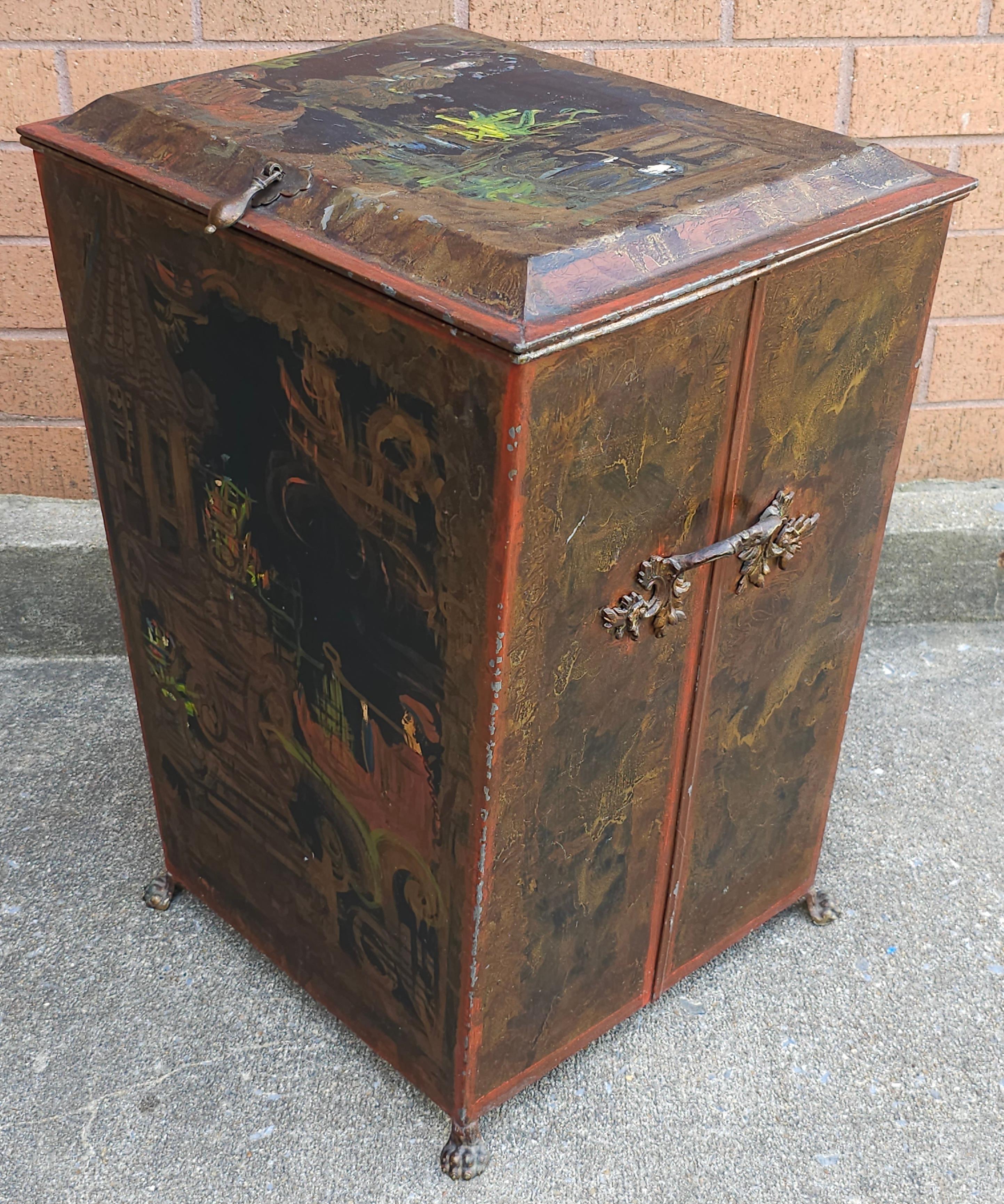Metal Victorian Hand Painted Black Japanned Tole Fuel Bucket, Late 19th Century For Sale