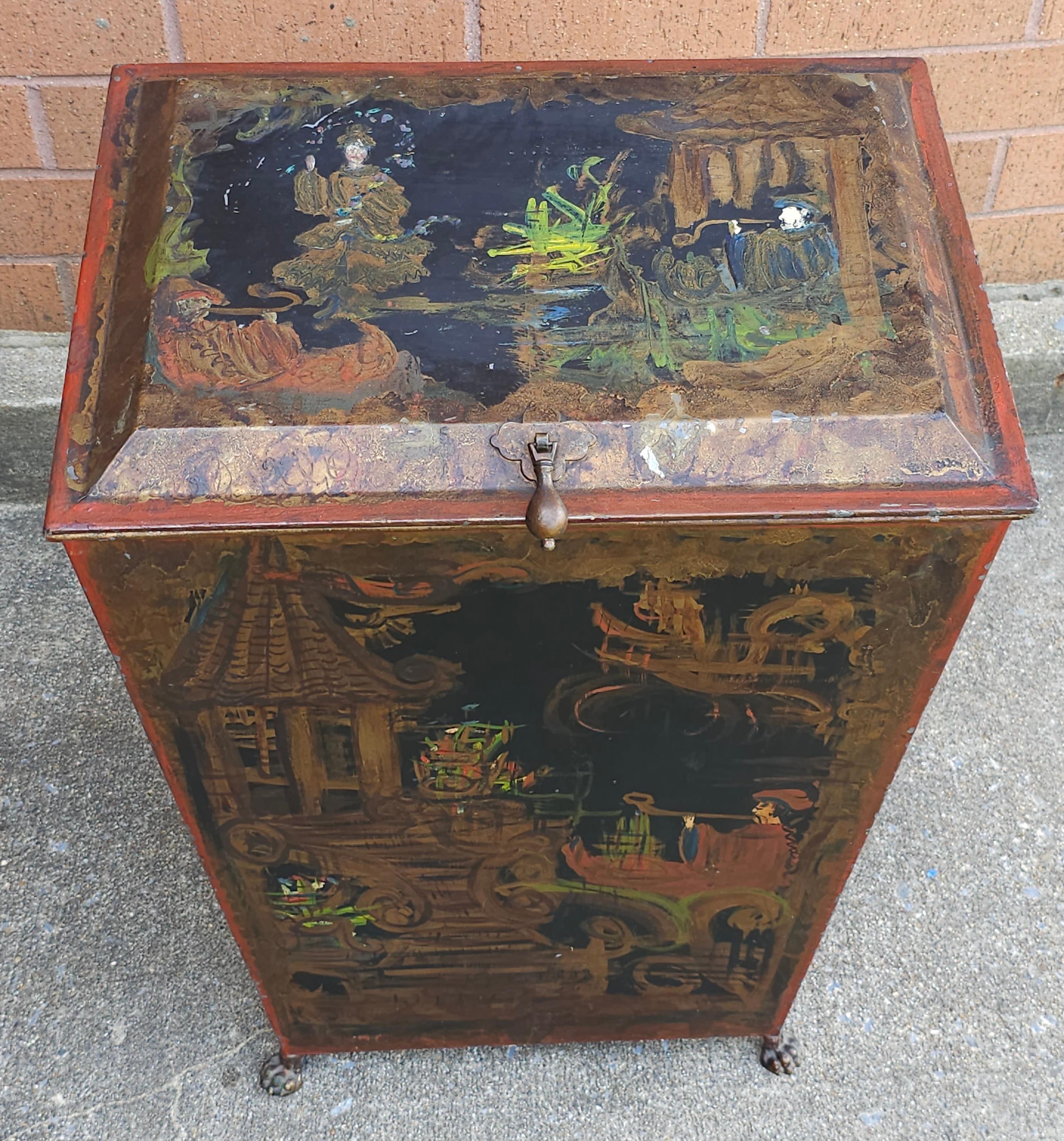 Victorian Hand Painted Black Japanned Tole Fuel Bucket, Late 19th Century For Sale 1