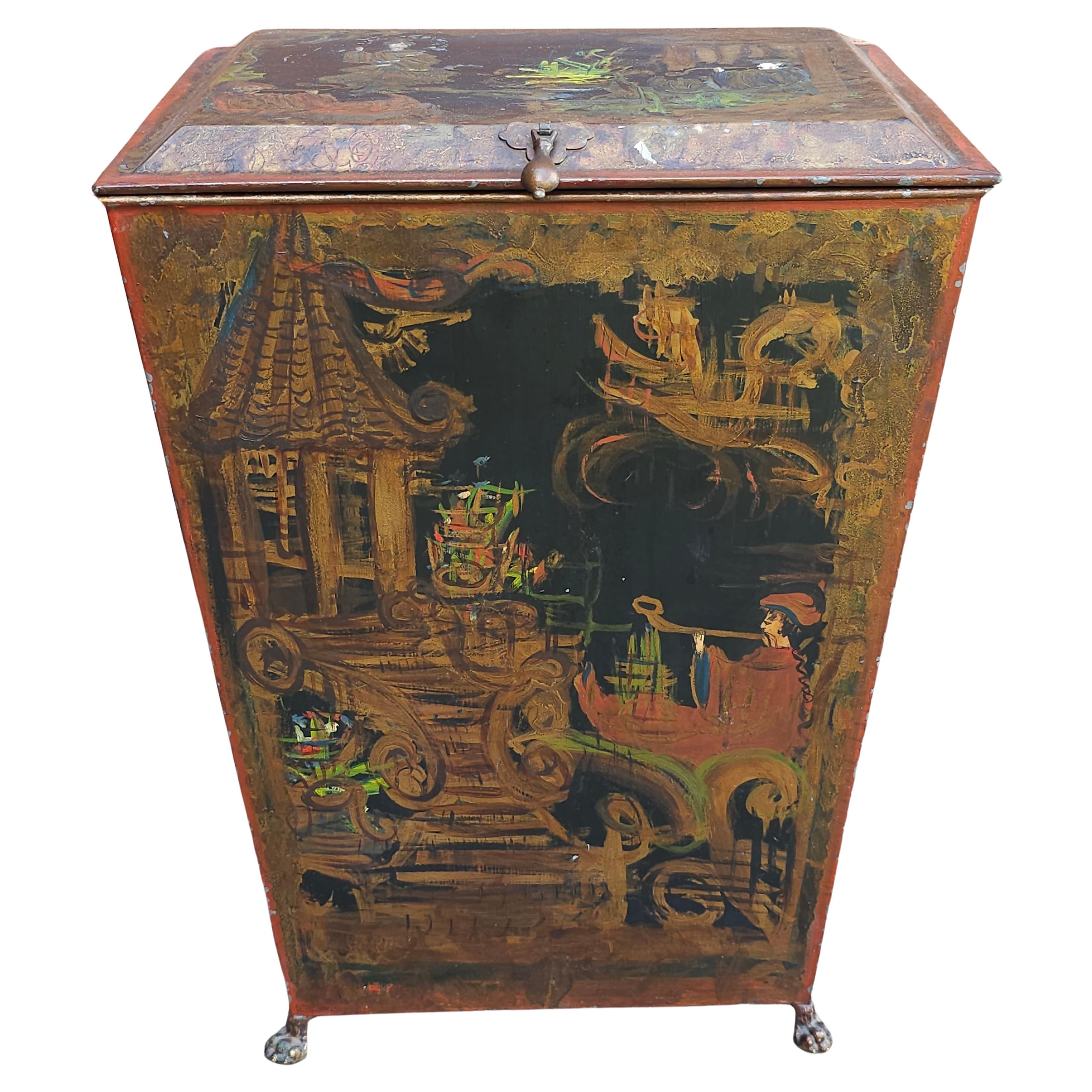 Victorian Hand Painted Black Japanned Tole Fuel Bucket, Late 19th Century For Sale