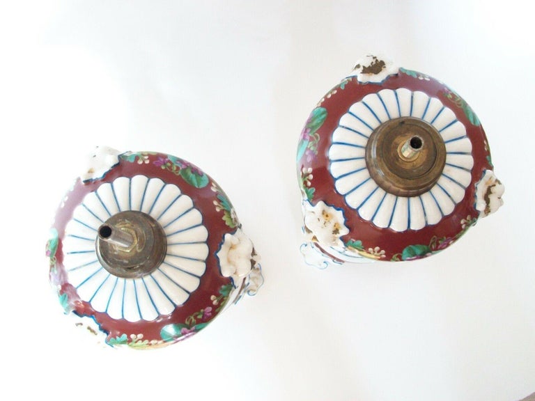 Victorian Hand Painted Ceramic Oil Lamps with Chain Swags and Lion