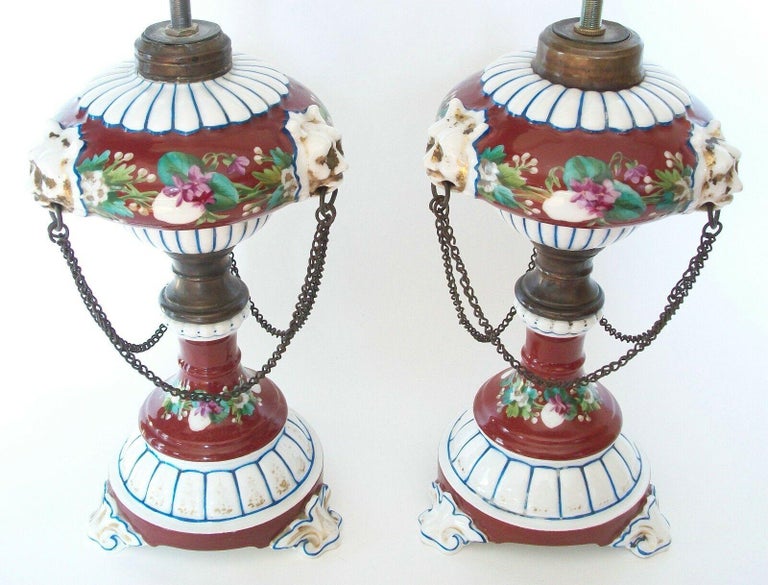 Victorian Hand Painted Ceramic Oil Lamps with Chain Swags and Lion