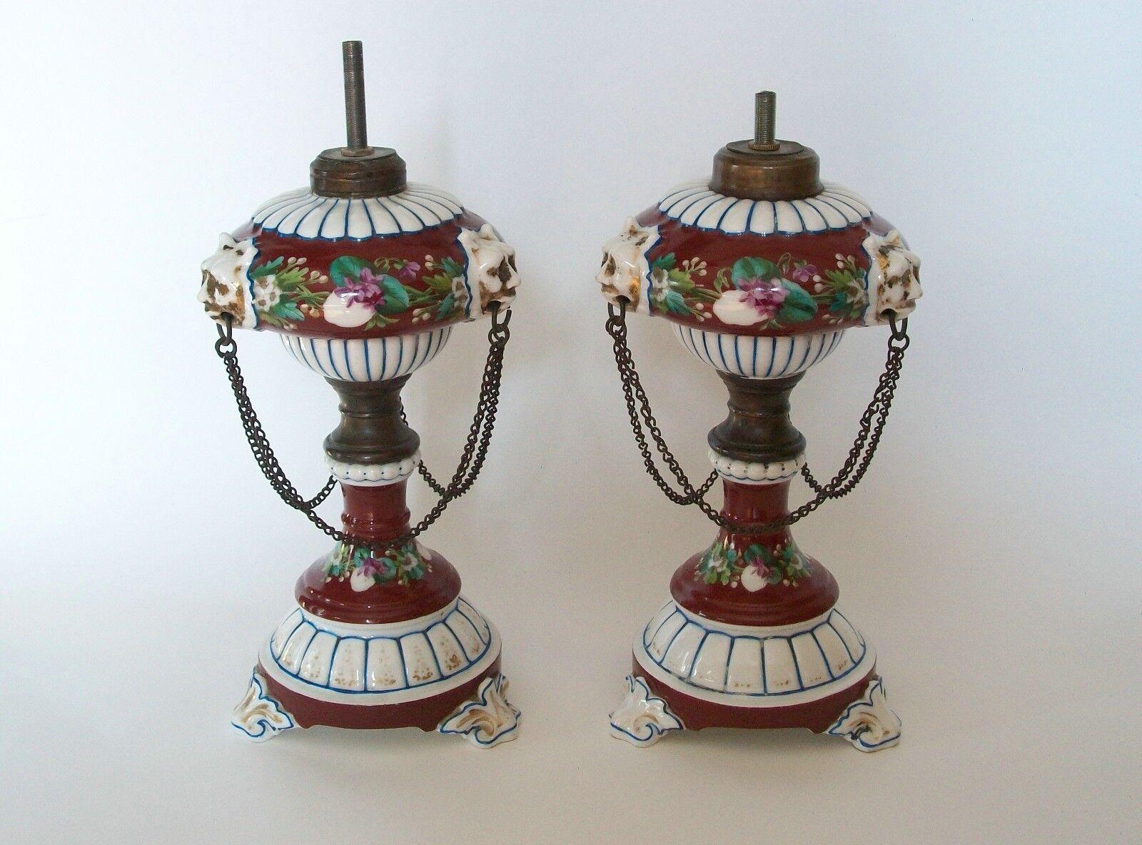 Hand-Crafted Victorian Hand Painted Ceramic Oil Lamps with Chain Swags & Lion Masks, C.1850 For Sale