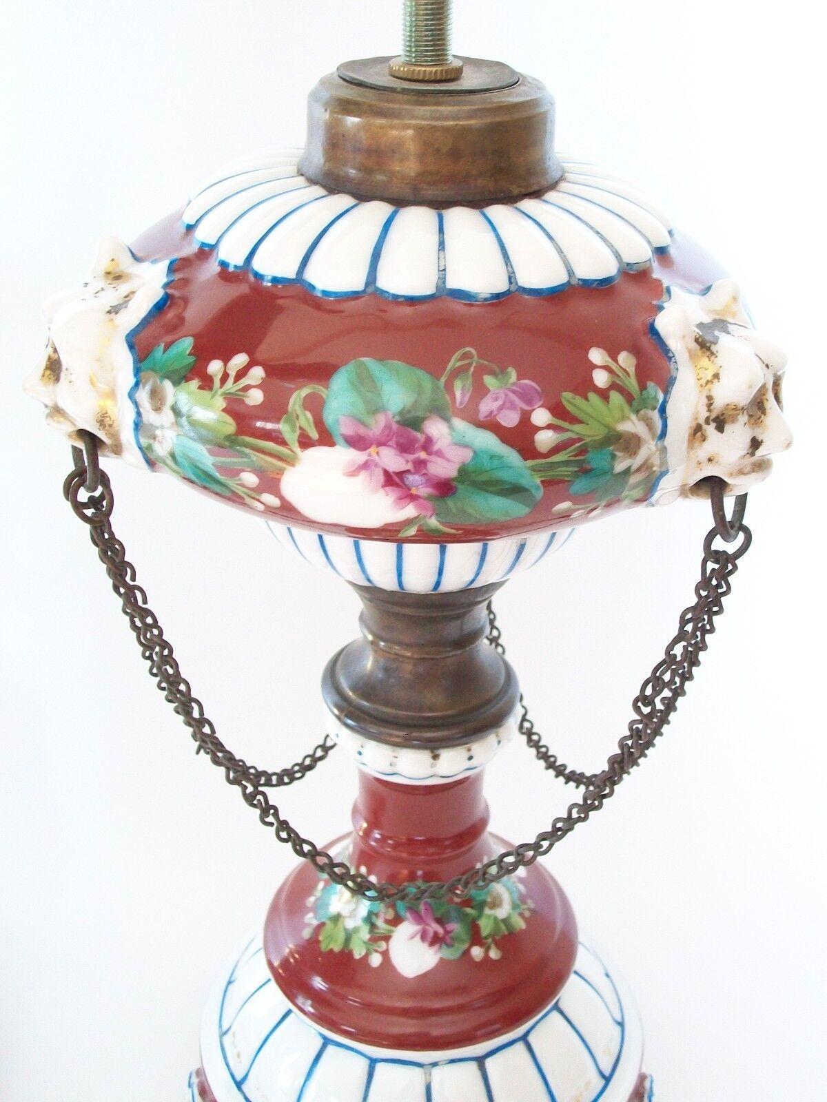 Metal Victorian Hand Painted Ceramic Oil Lamps with Chain Swags & Lion Masks, C.1850 For Sale