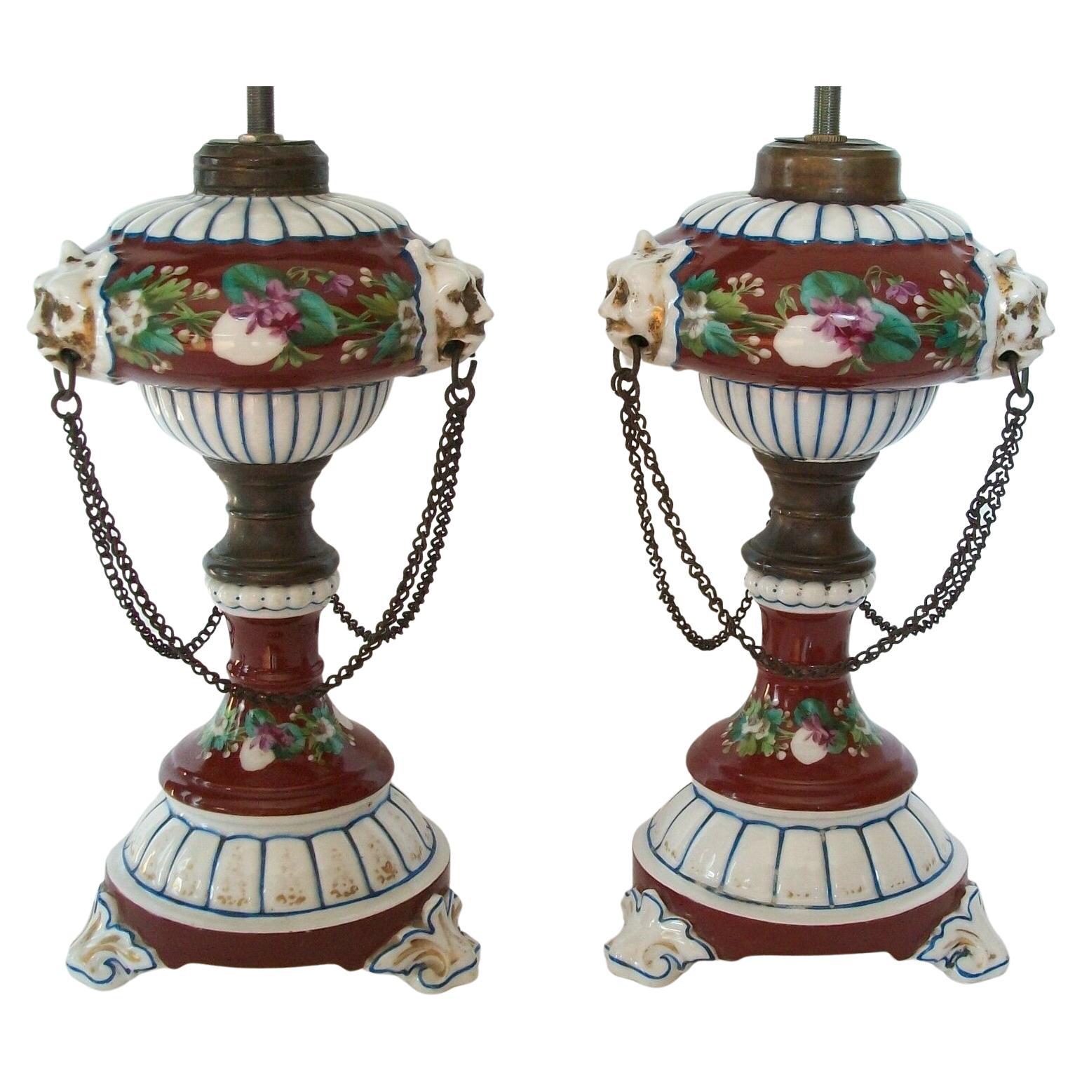 Victorian Hand Painted Ceramic Oil Lamps with Chain Swags & Lion Masks, C.1850 For Sale