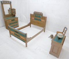 Victorian Hand Painted Dresser Mirror King Bed Headboard Chair Footstool Drawers