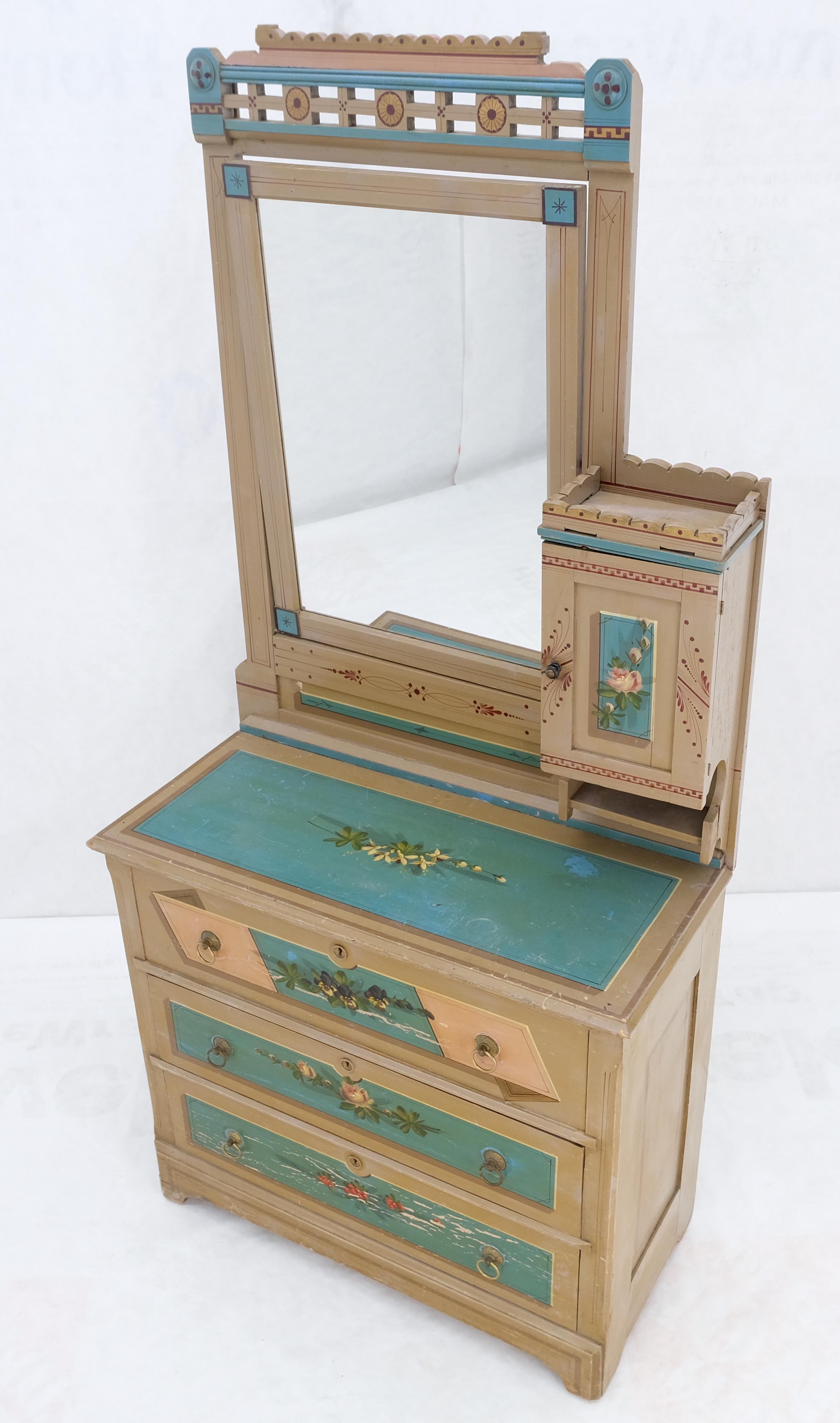 American Victorian Hand Painted Dresser Mirror King Bed Headboard Chair Footstool Drawers For Sale