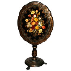 Antique Victorian Hand Painted Floral Papier Mâché Tilt-Top Candle Stand, circa 1880