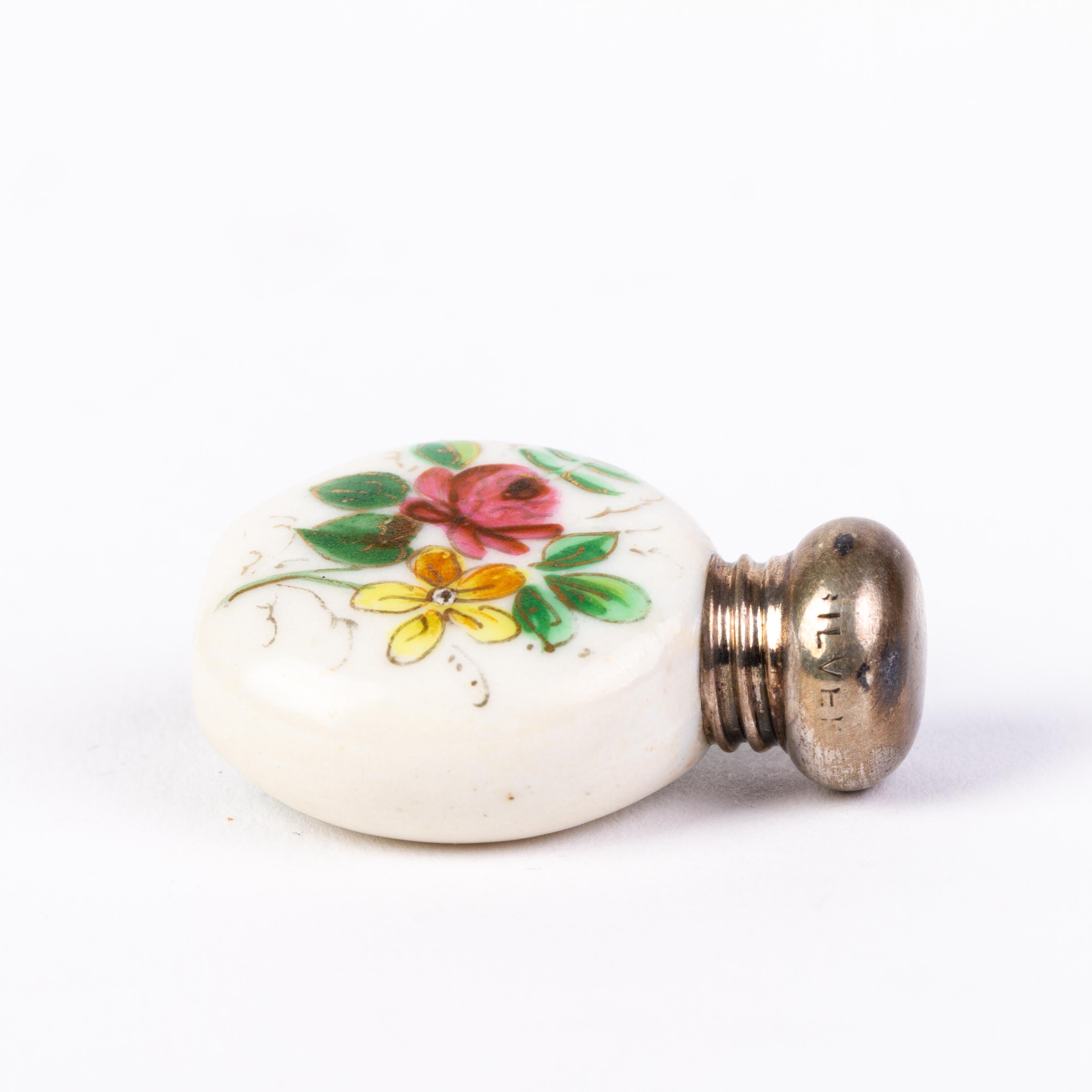 19th Century Victorian Hand Painted Porcelain Silver Perfume Bottle 