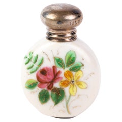 Antique Victorian Hand Painted Porcelain Silver Perfume Bottle 