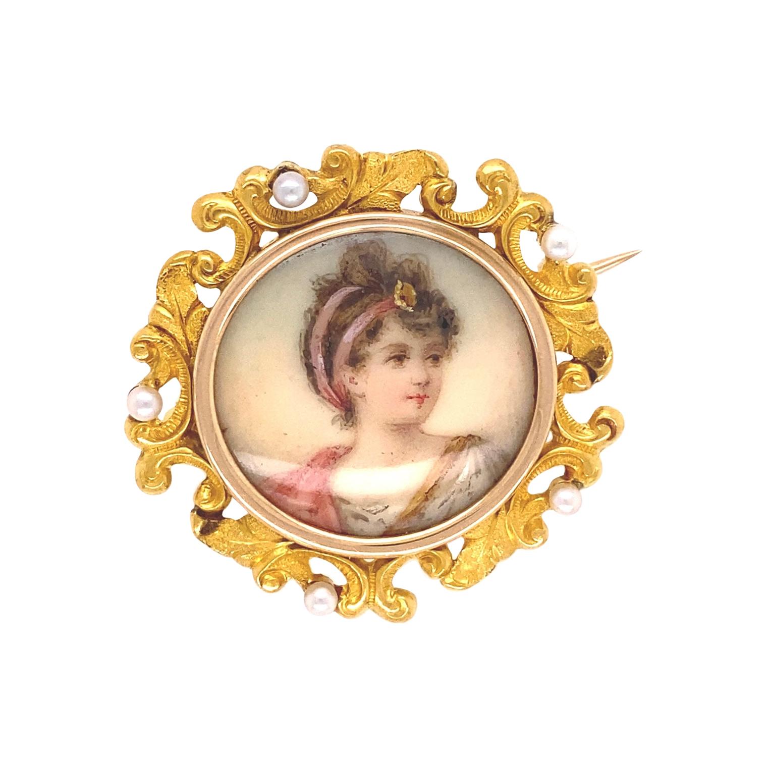 Victorian Hand Painted Portrait and Seed Pearl Gold Brooch Pin
