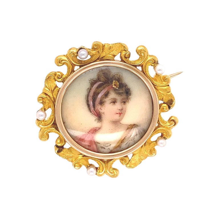 Victorian Hand Painted Portrait and Seed Pearl Gold Brooch Pin For Sale ...