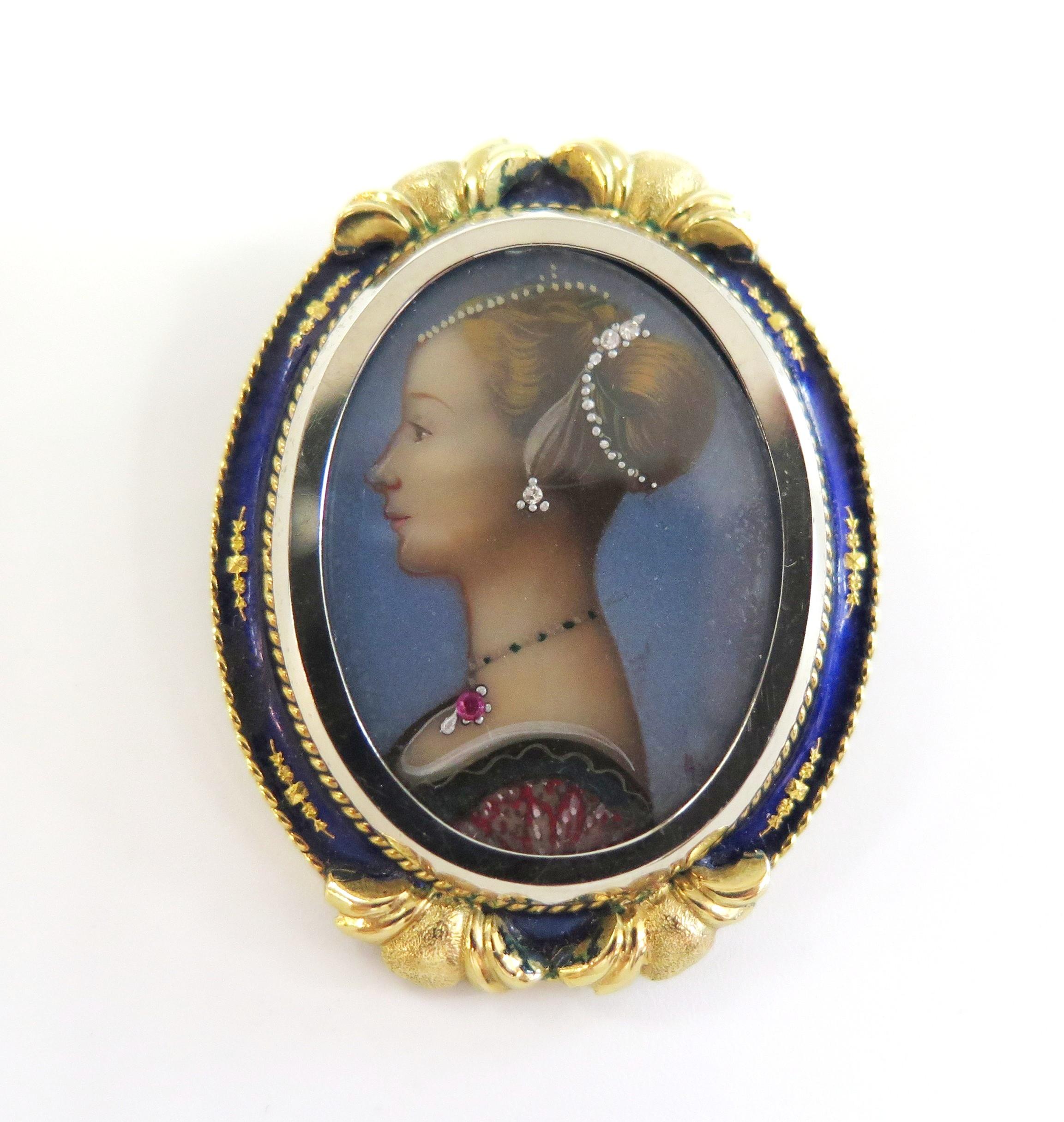 This Antique Victorian Hand Painted Portrait Pendant has a bail that falls behind the piece so it can also be worn as a brooch. 

The painting is a beautifully hand painted depiction of a woman with her hair in a bun with diamond earrings and a ruby