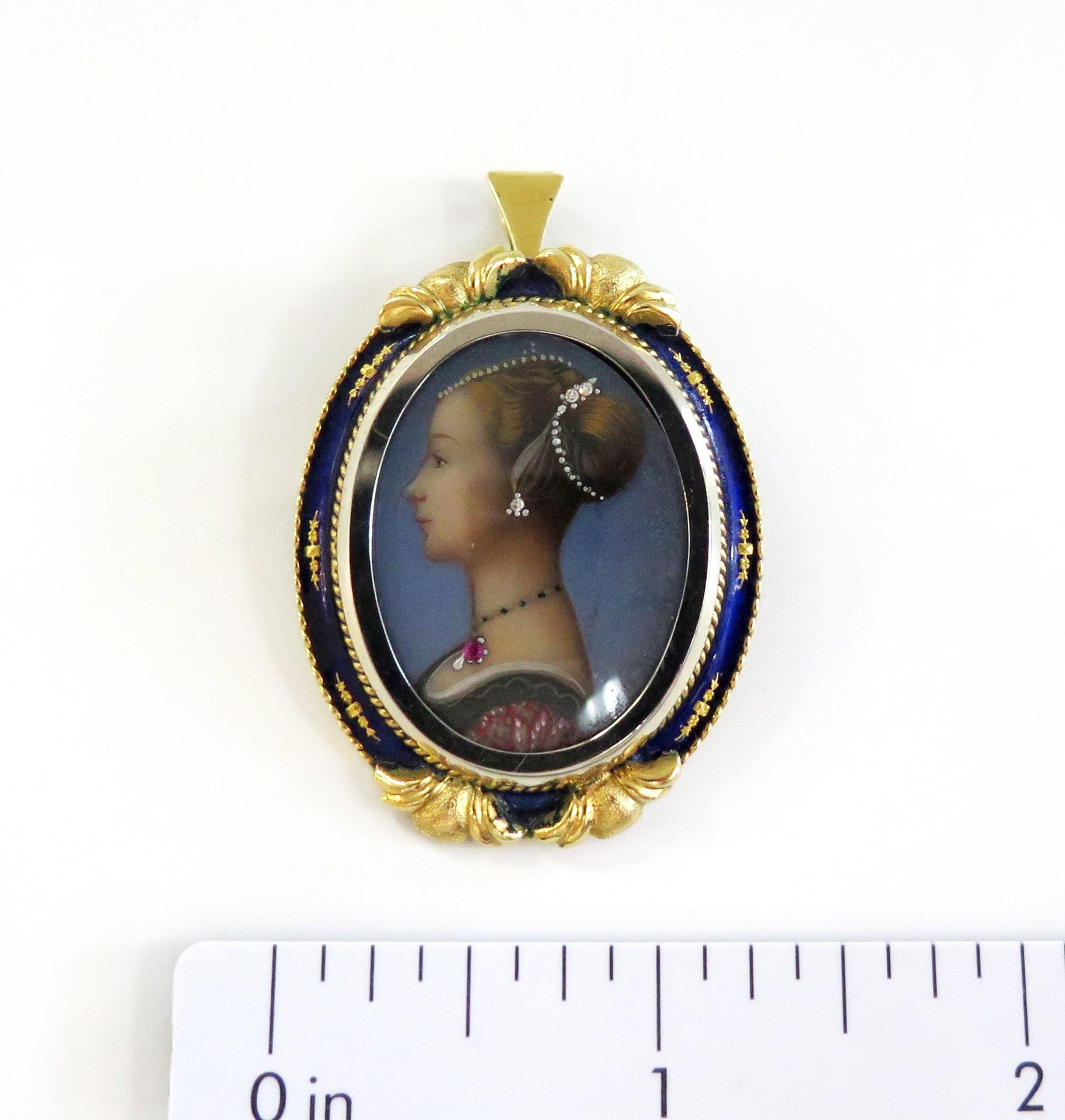 Women's Victorian Hand-Painted Portrait Pin  Pendant For Sale
