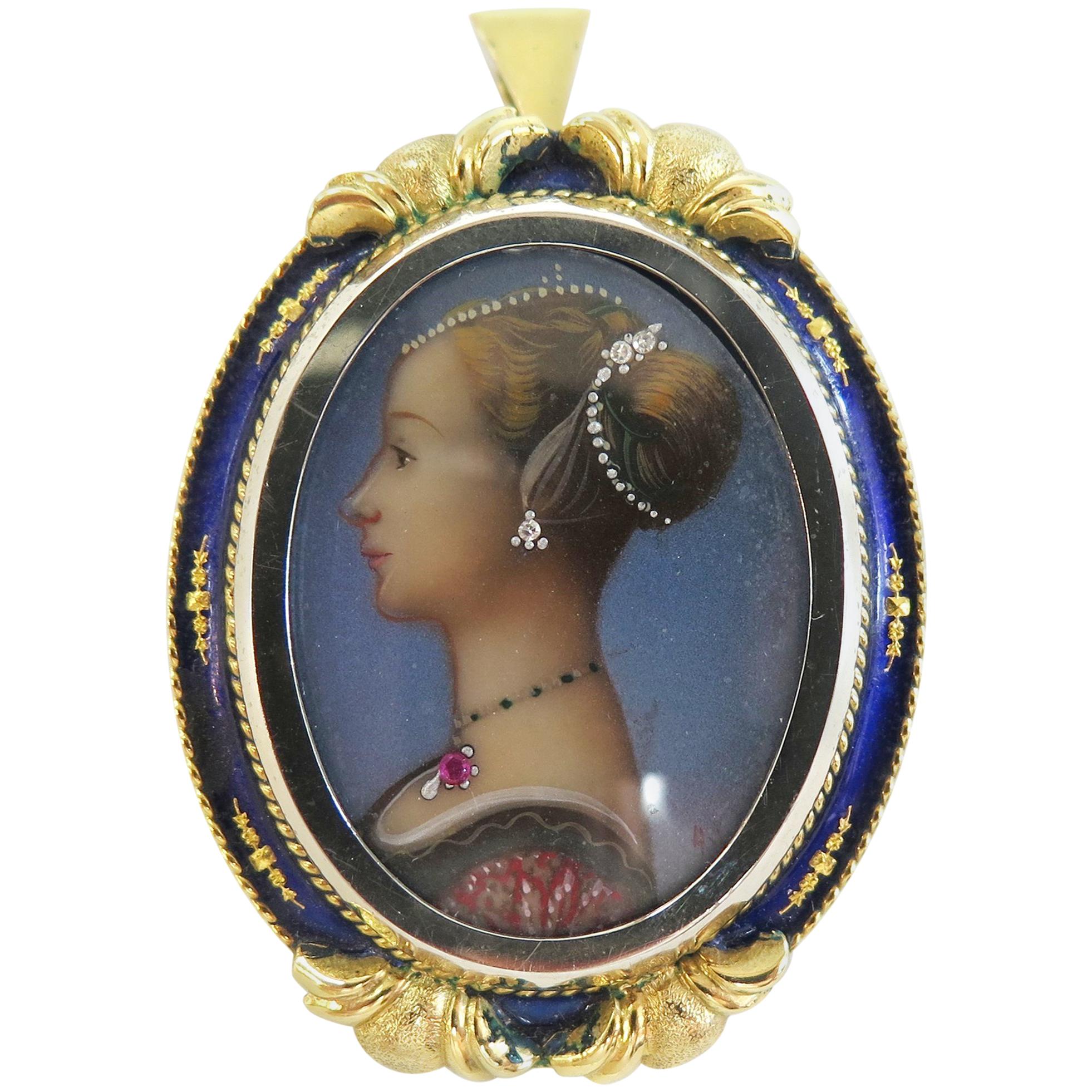 Victorian Hand-Painted Portrait Pin  Pendant For Sale