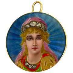 Victorian Hand Painted Portrait with Rose Cut Diamonds 14 Karat Pendant / Brooch