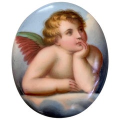 Victorian Hand Painted Raphael Cherub on Porcelain Locket Pendant