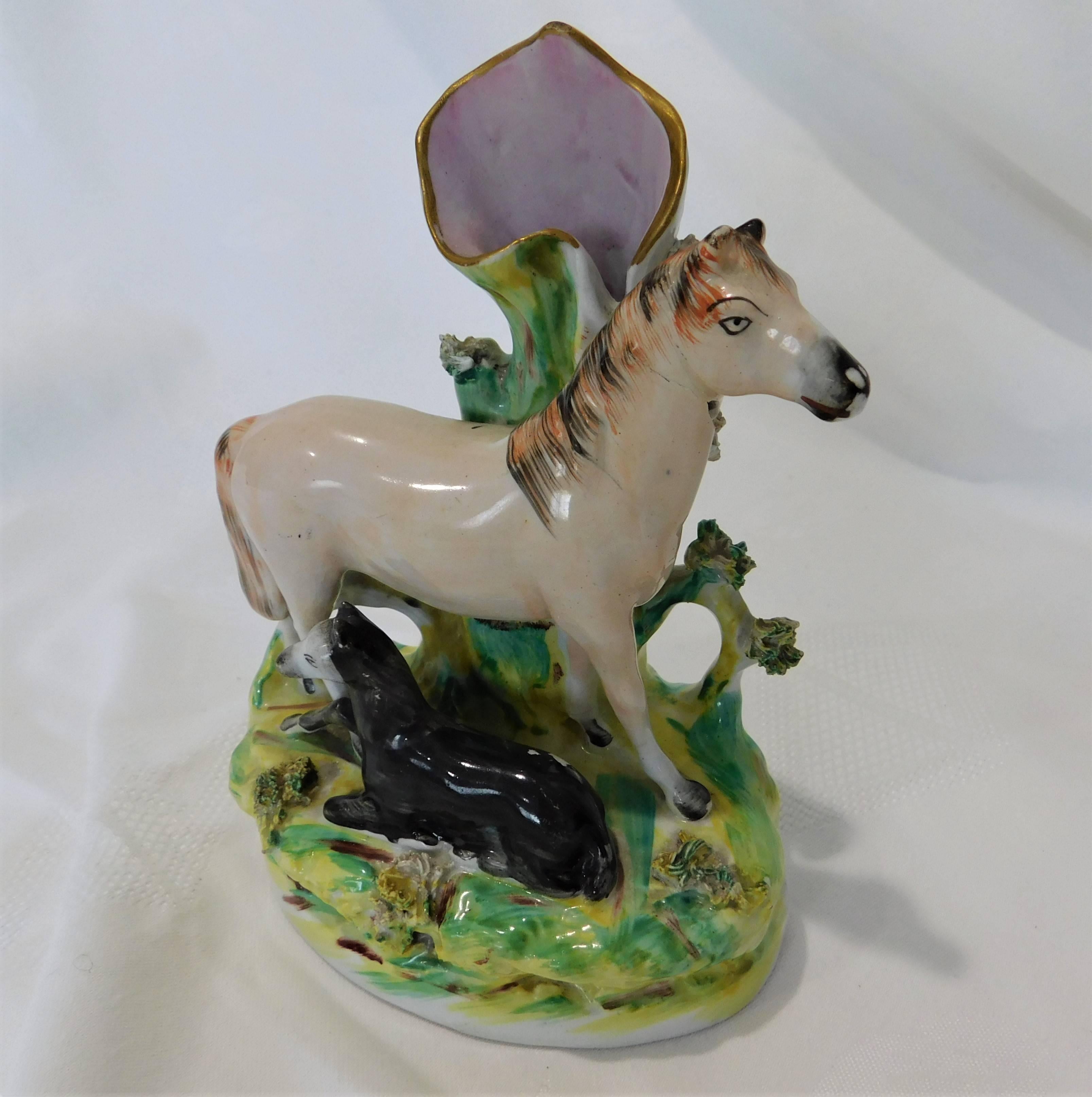 19th century English hand-painted Staffordshire horse and foal flow spill vase.