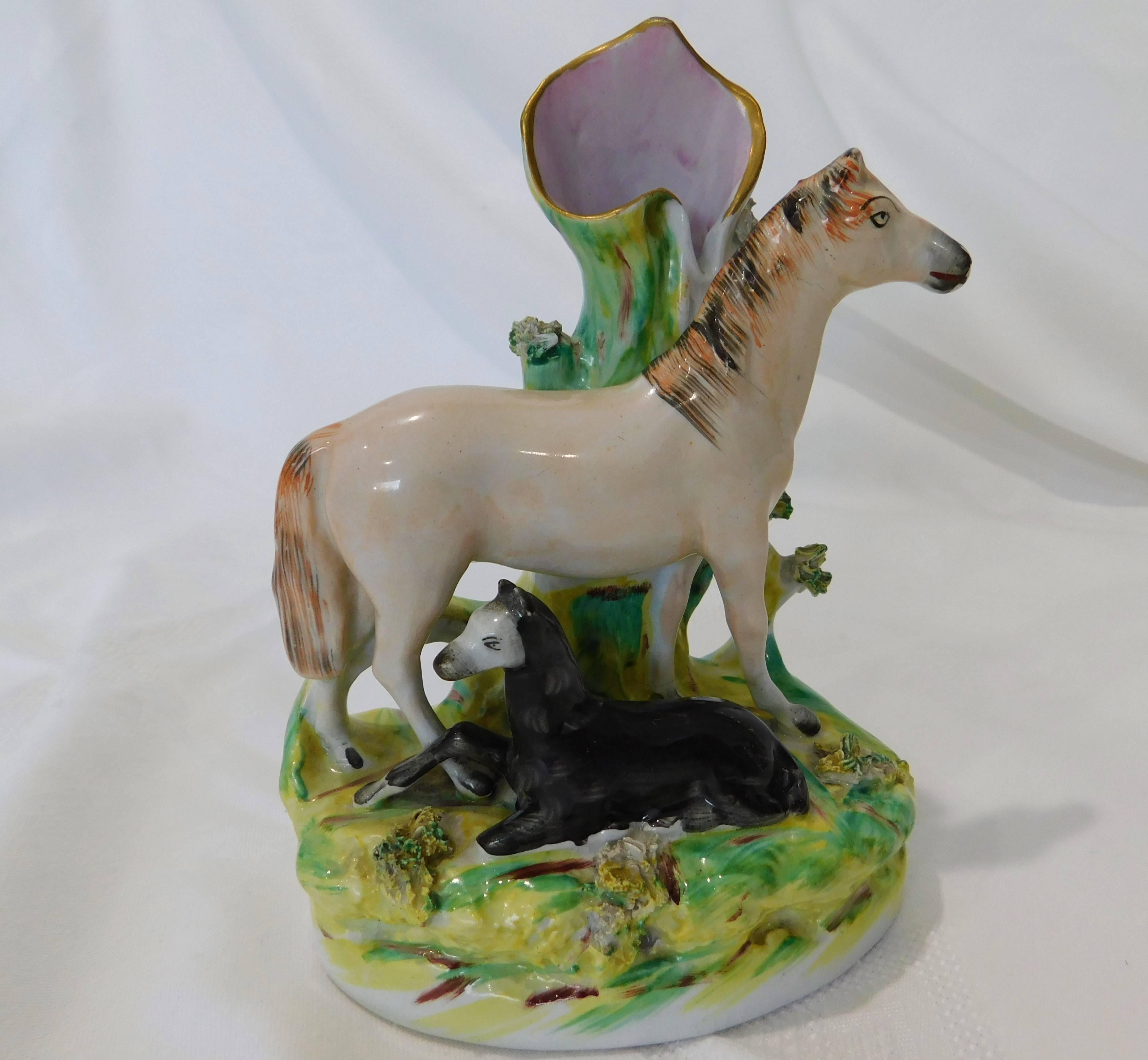 Early Victorian Victorian Hand-Painted Staffordshire Horse and Foal Flow Spill Vase