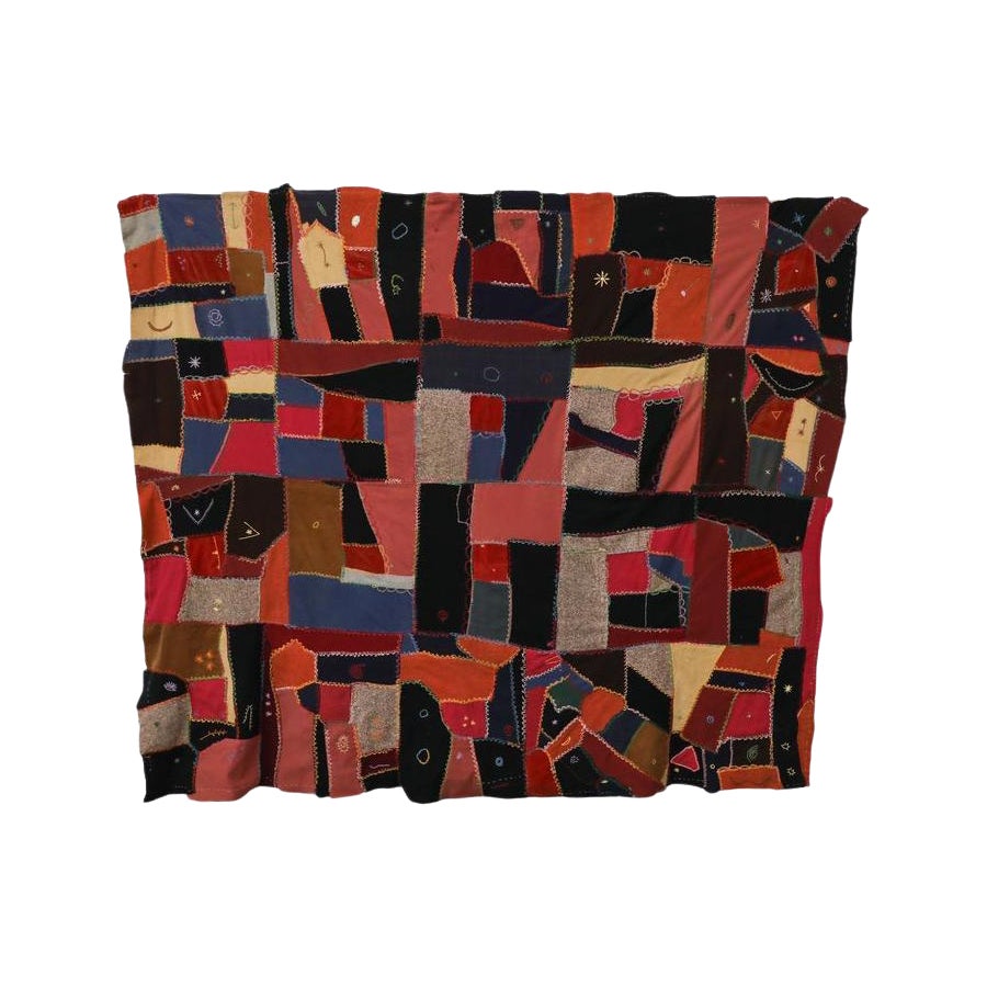 Victorian Hand-Sewn Crazy Quilt in Silk Velvet Wool 1880s-1890s