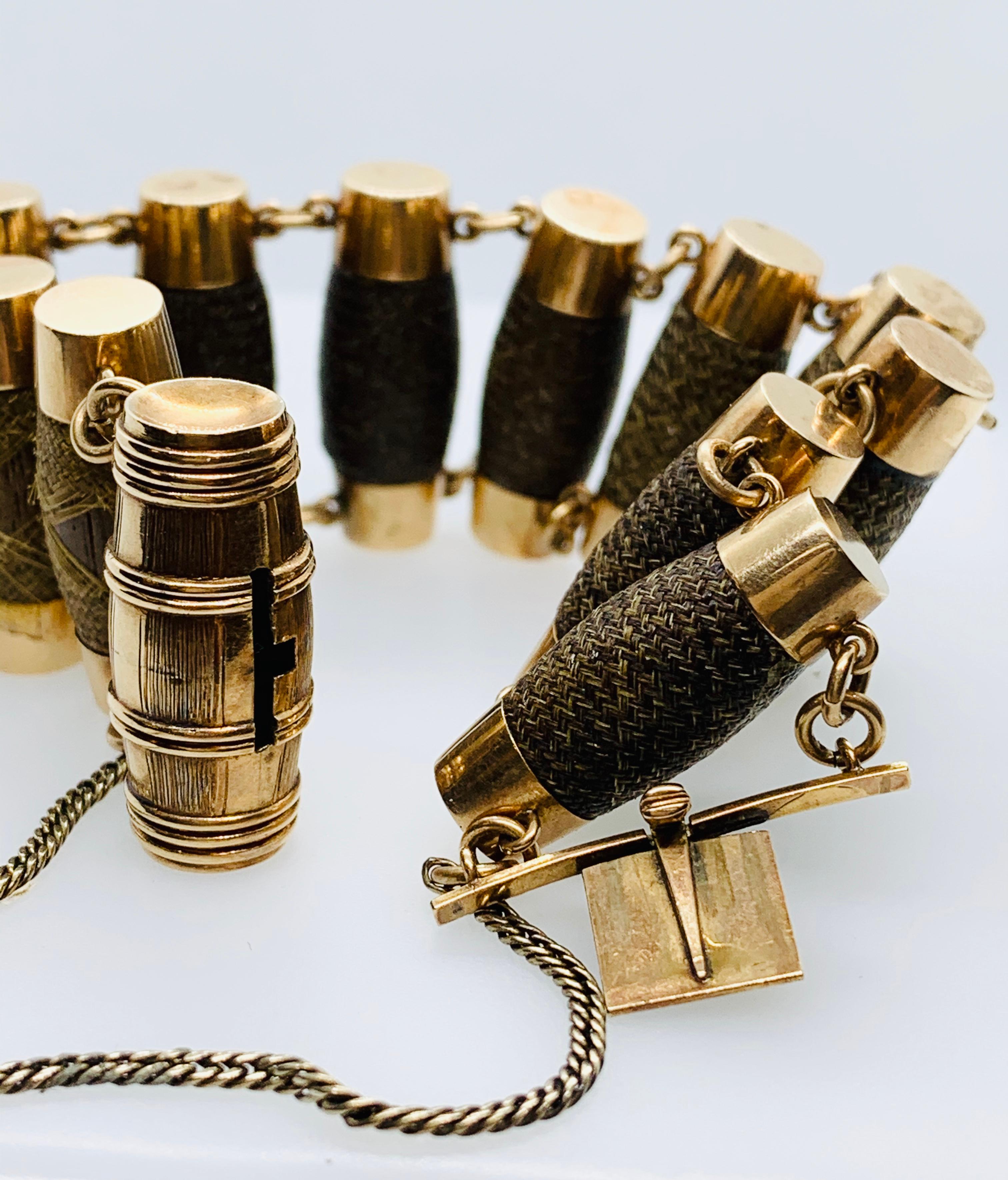 Victorian Handwoven 14 Karat Gold Barrel Shaped Mourning Remembrance Bracelet 7