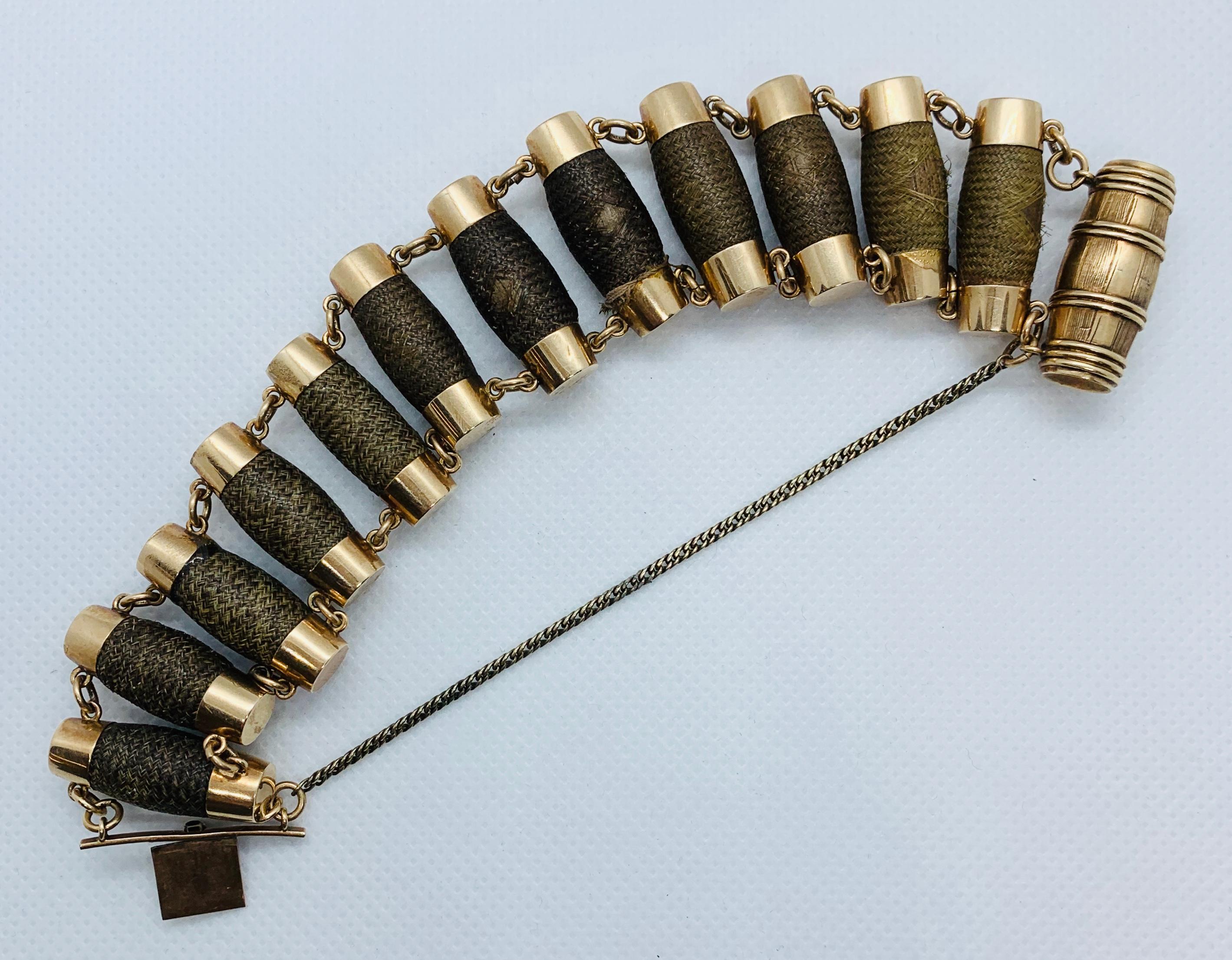 Victorian Handwoven 14 Karat Gold Barrel Shaped Mourning Remembrance Bracelet 8