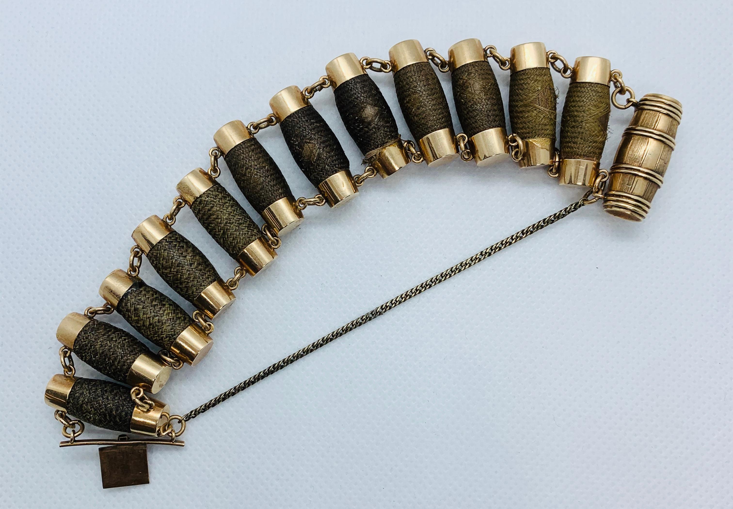 Victorian Handwoven 14 Karat Gold Barrel Shaped Mourning Remembrance Bracelet 9