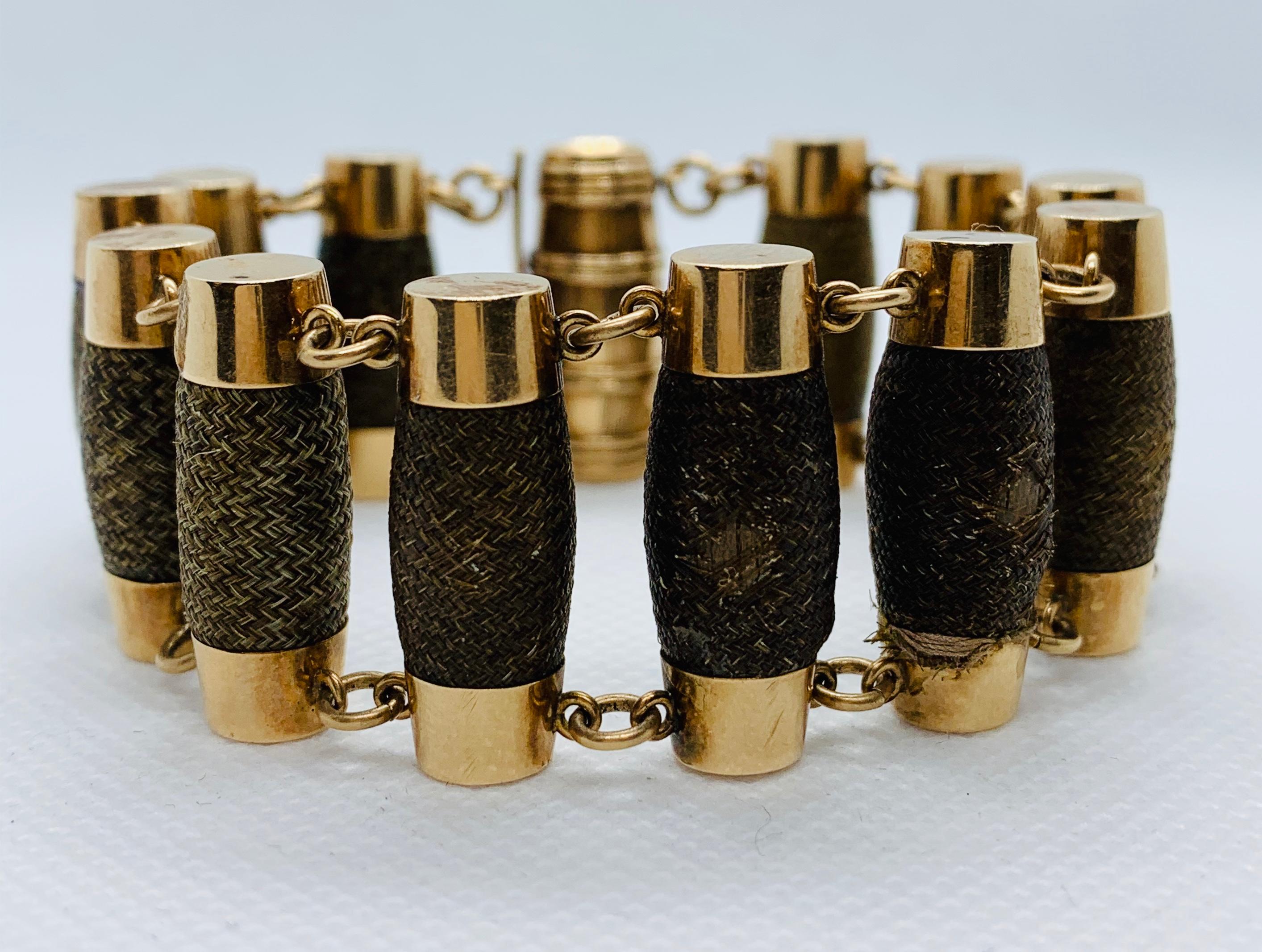 Victorian Handwoven 14 Karat Gold Barrel Shaped Mourning Remembrance Bracelet 10