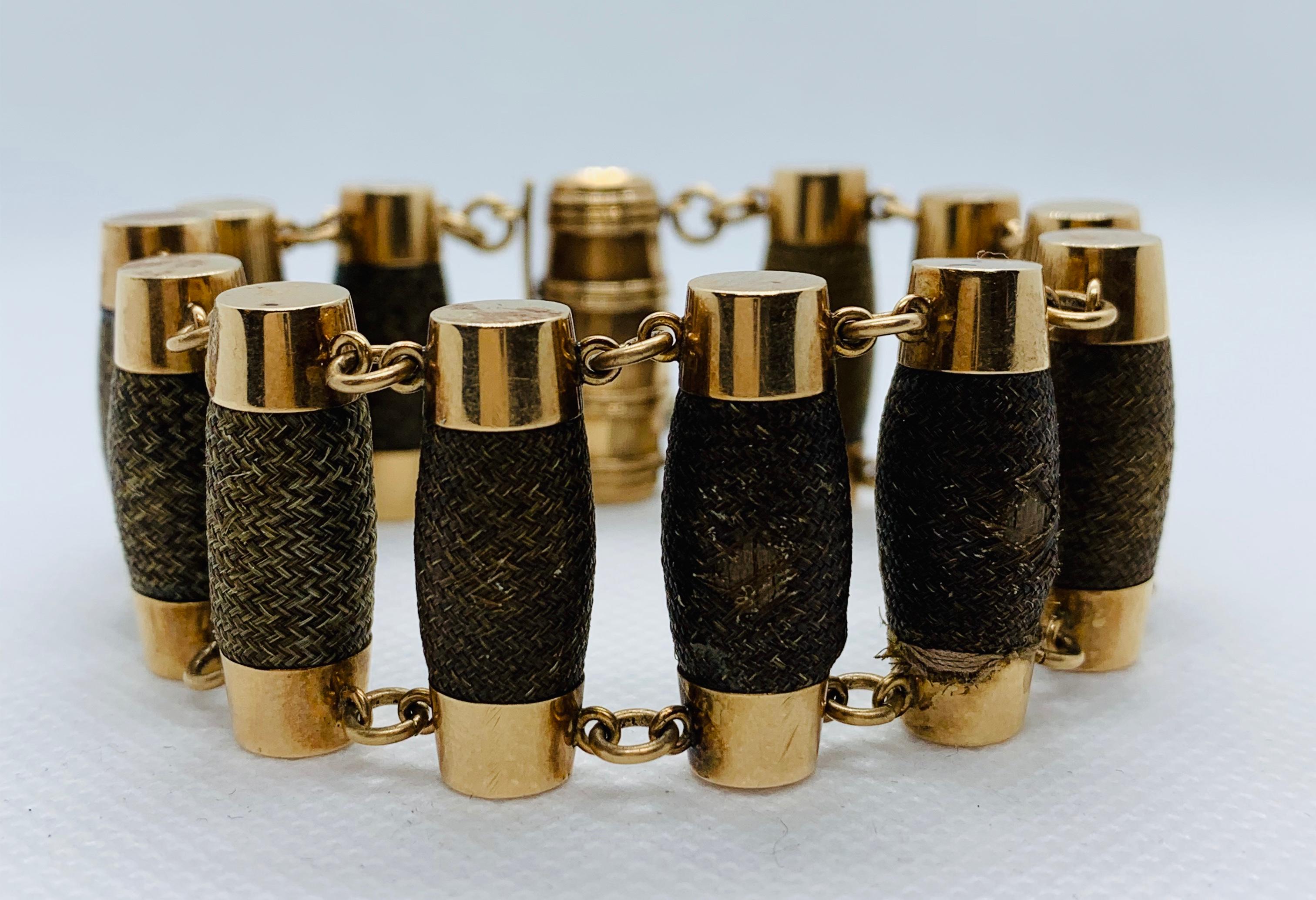 Victorian Handwoven 14 Karat Gold Barrel Shaped Mourning Remembrance Bracelet In Good Condition In Birmingham, AL