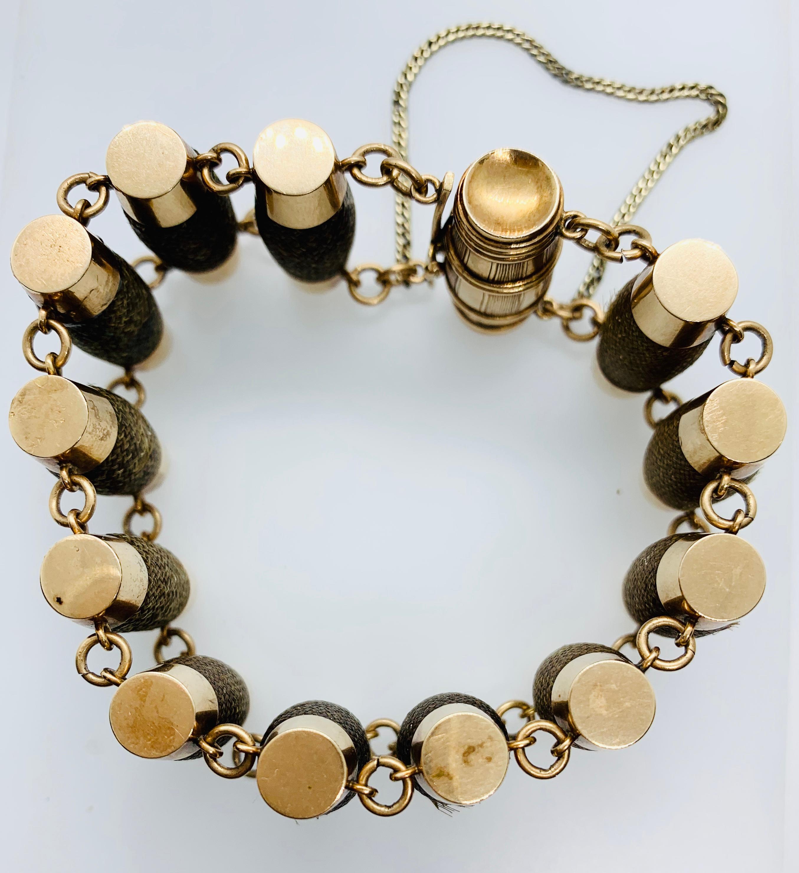Women's or Men's Victorian Handwoven 14 Karat Gold Barrel Shaped Mourning Remembrance Bracelet