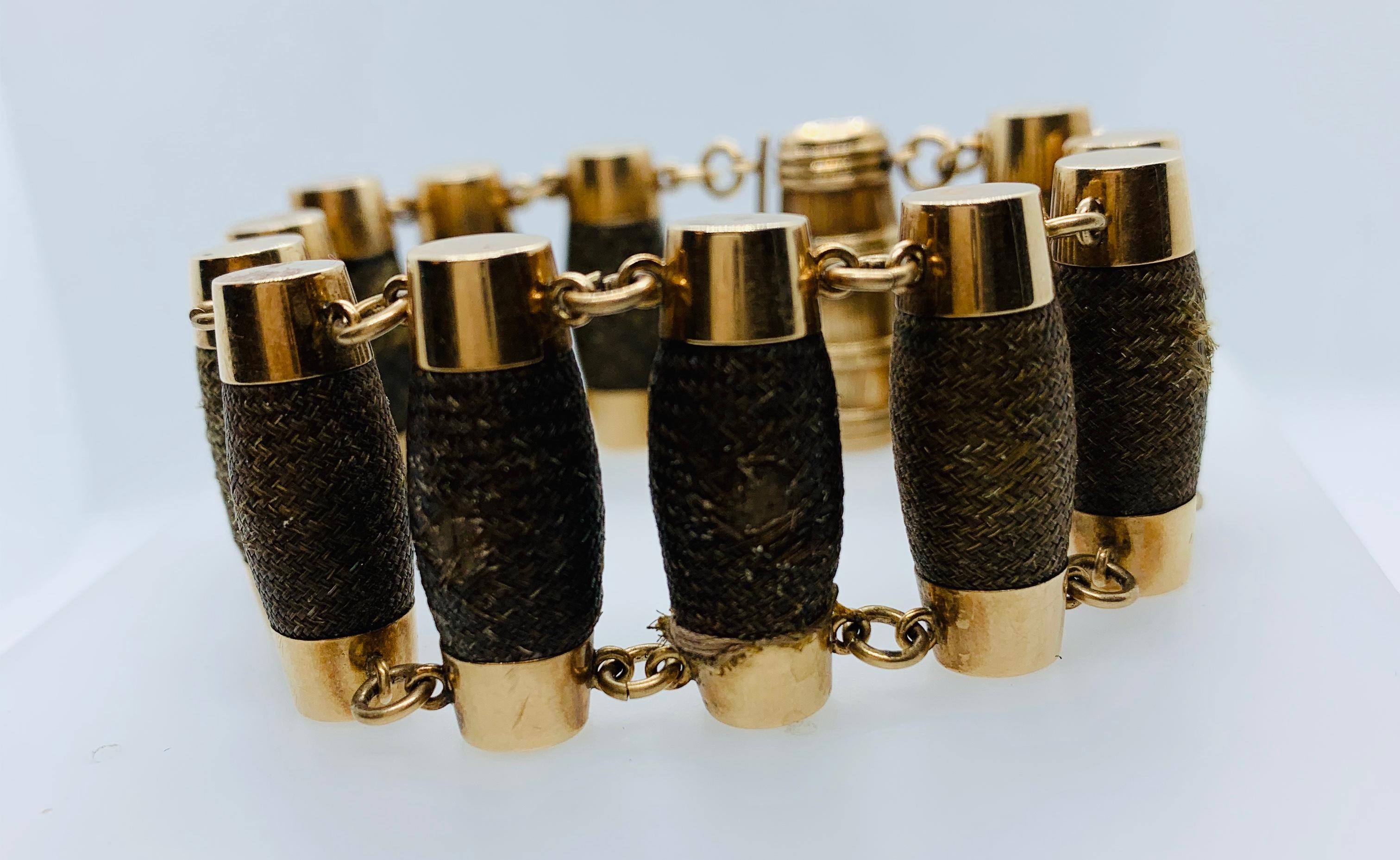 Victorian Handwoven 14 Karat Gold Barrel Shaped Mourning Remembrance Bracelet 1