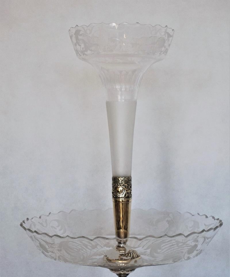 Late Victorian Victorian Handcut Crystal Silver Plate Epergne Centerpiece, England, 1880-1889 For Sale