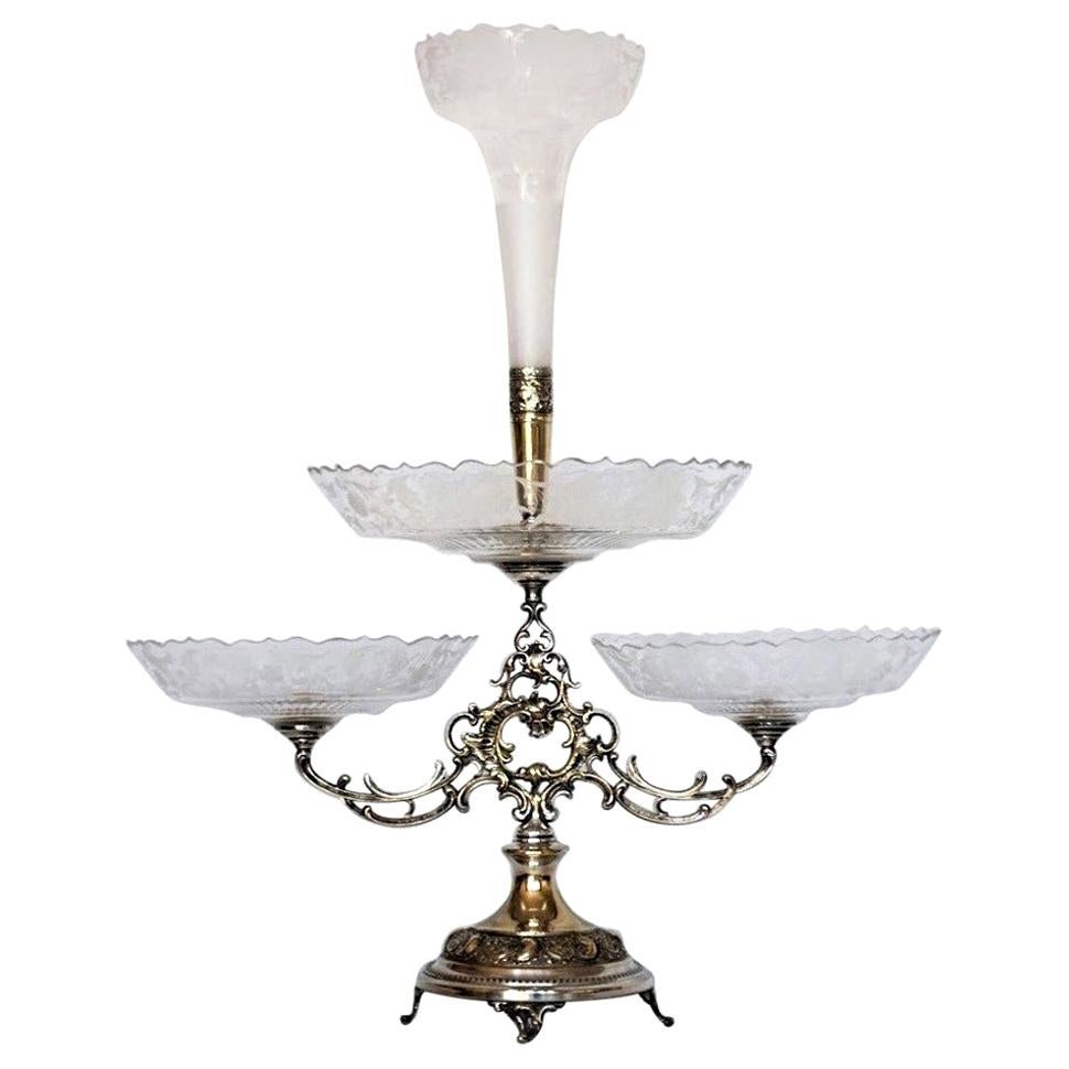 Victorian Handcut Crystal Silver Plate Epergne Centerpiece, England, 1880-1889 For Sale