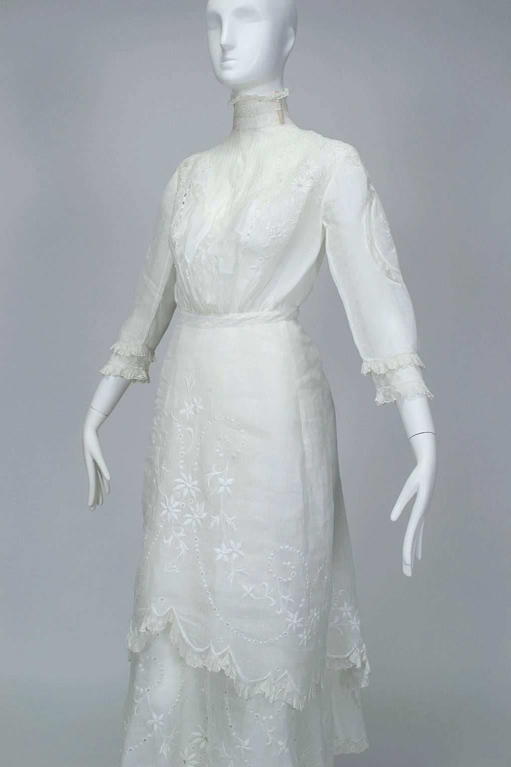 Gray Victorian Handkerchief Hem Eyelet and Lace Bustle Tea Dress