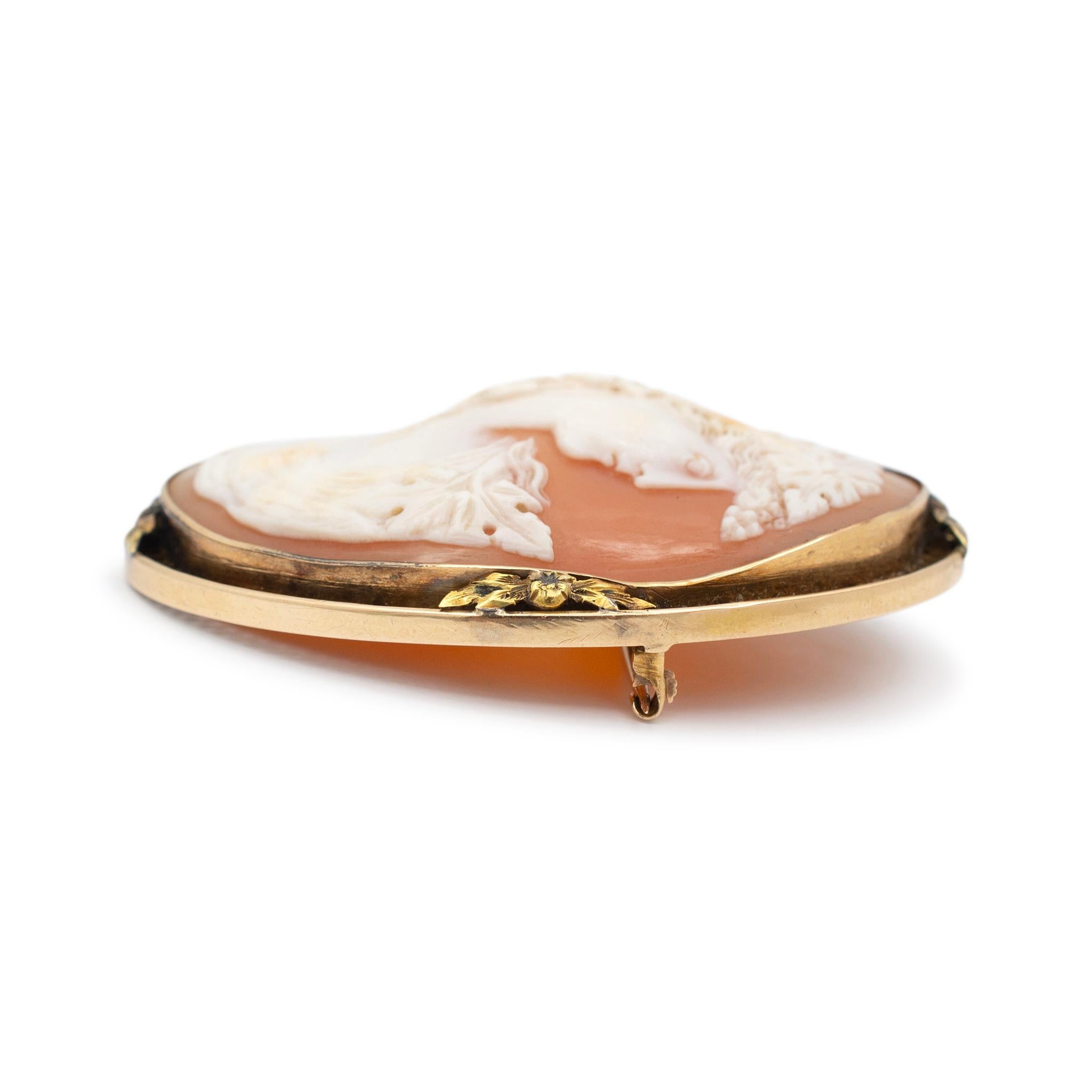 Gender: Ladies

Metal Type: 14K Yellow Gold

Length: 2.25 inches

Width: 42.00 mm

Weight: 19.13 grams

Handmade 14K Yellow Gold cameo sardonyx shell Victorian (1837-1901) brooch. 

The metal was tested and determined to be 14K yellow gold. Engraved