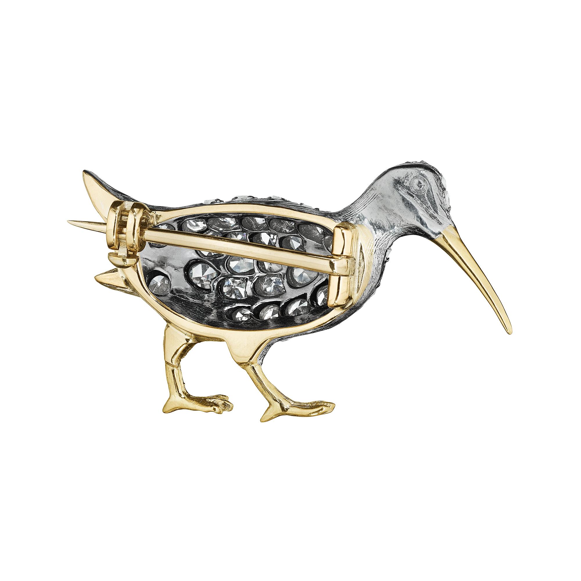 Take a walk on your favorite beach with this adorable Victorian diamond gold silver sandpiper brooch.  With his quick steps and sweet face, this collectible and very wearable sandpiper, will always remind you of glorious sand, surf, and sunshine. 