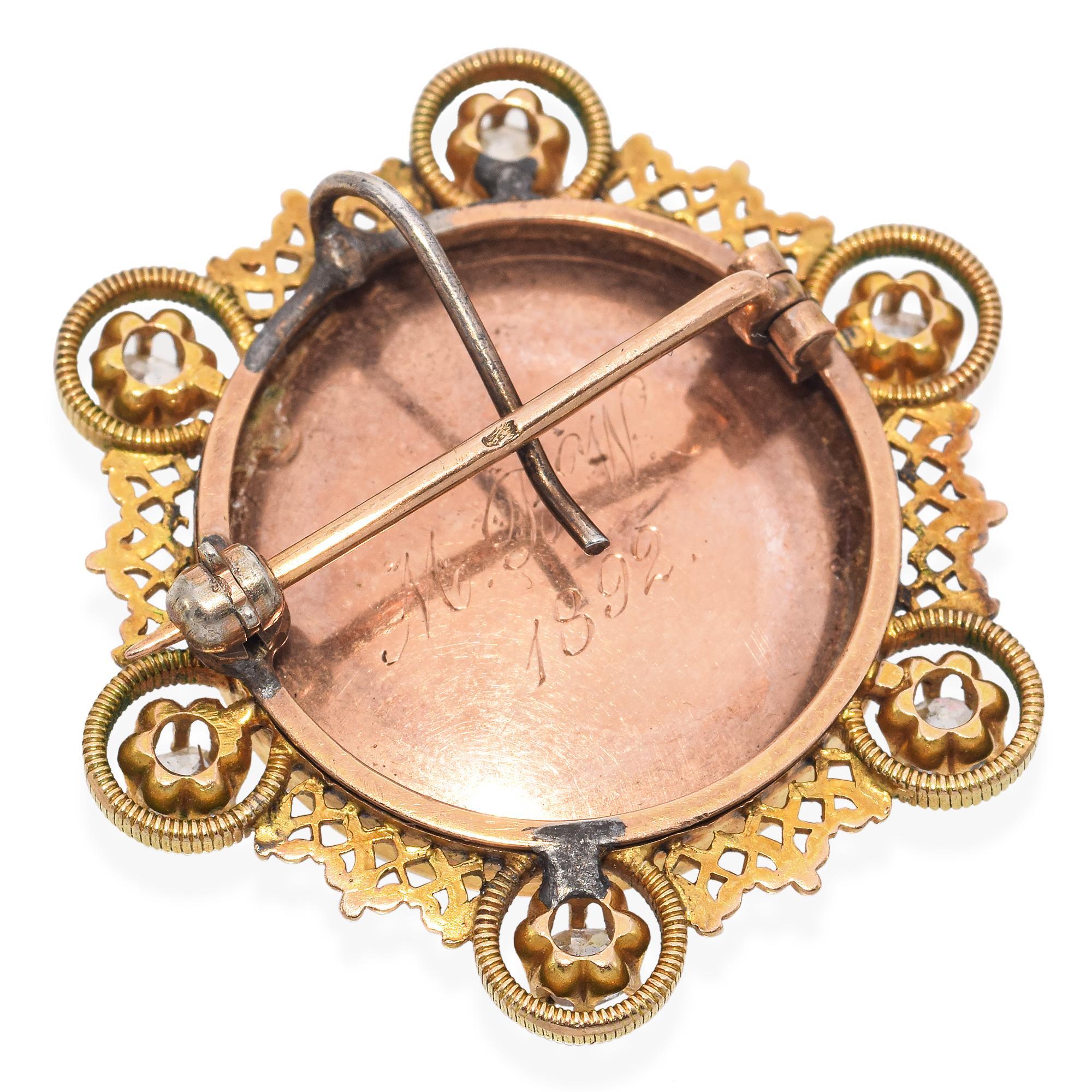 Viktorianische handgemalte Miniature Porträt mit Gelbgold und Diamant Rahmen (Alteuropäischer Brillantschliff) im Angebot