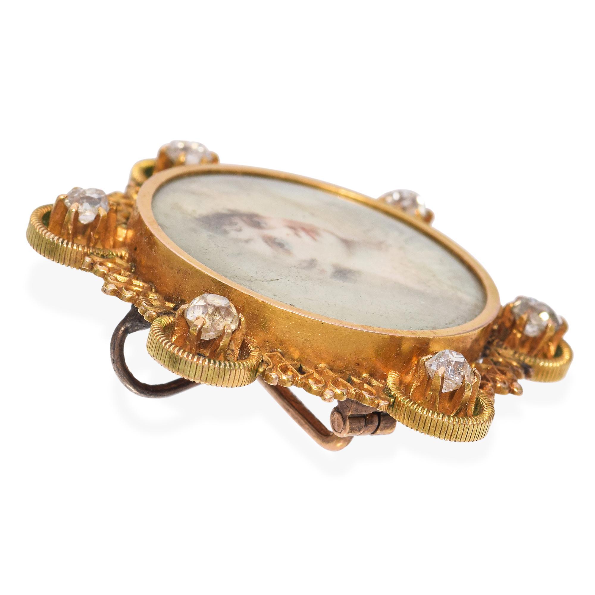 Viktorianische handgemalte Miniature Porträt mit Gelbgold und Diamant Rahmen im Zustand „Gut“ im Angebot in New York, NY