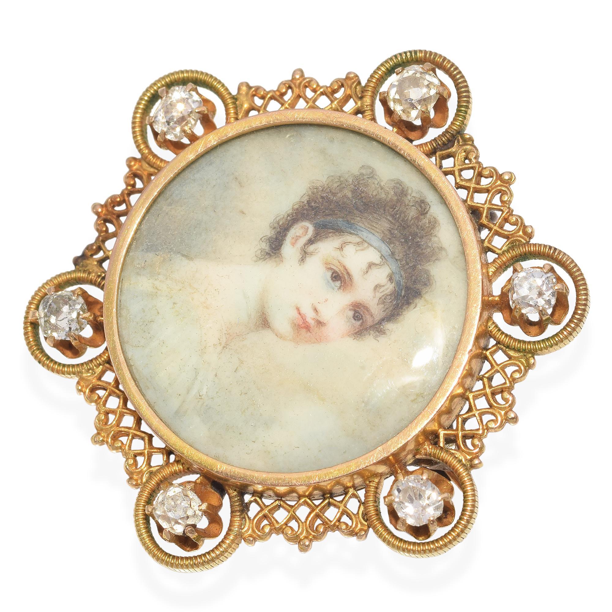 Viktorianische handgemalte Miniature Porträt mit Gelbgold und Diamant Rahmen Damen im Angebot
