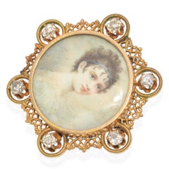 Victorian Handpainted Miniature Portrait With Yellow Gold and Diamond Frame