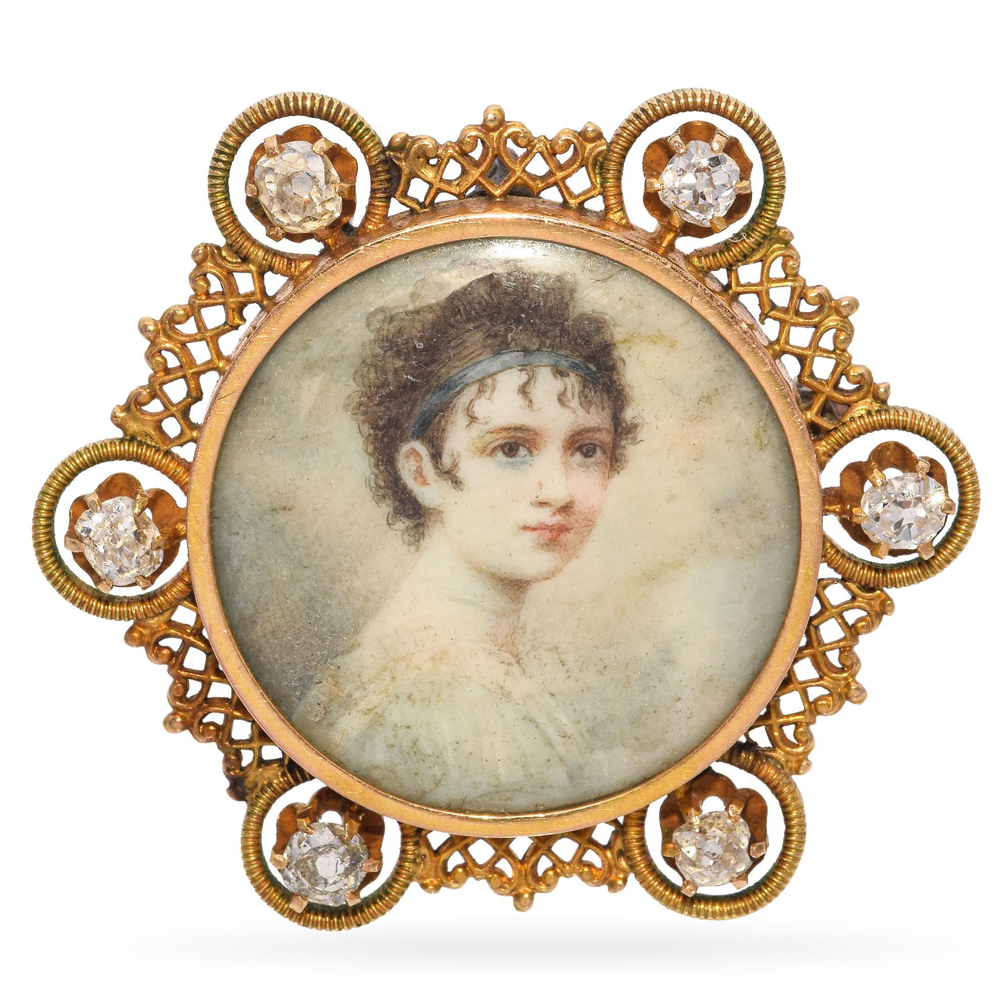 Victorian Handpainted Miniature Portrait With Yellow Gold and Diamond Frame