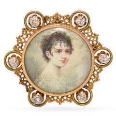 Victorian Handpainted Miniature Portrait With Yellow Gold and Diamond Frame